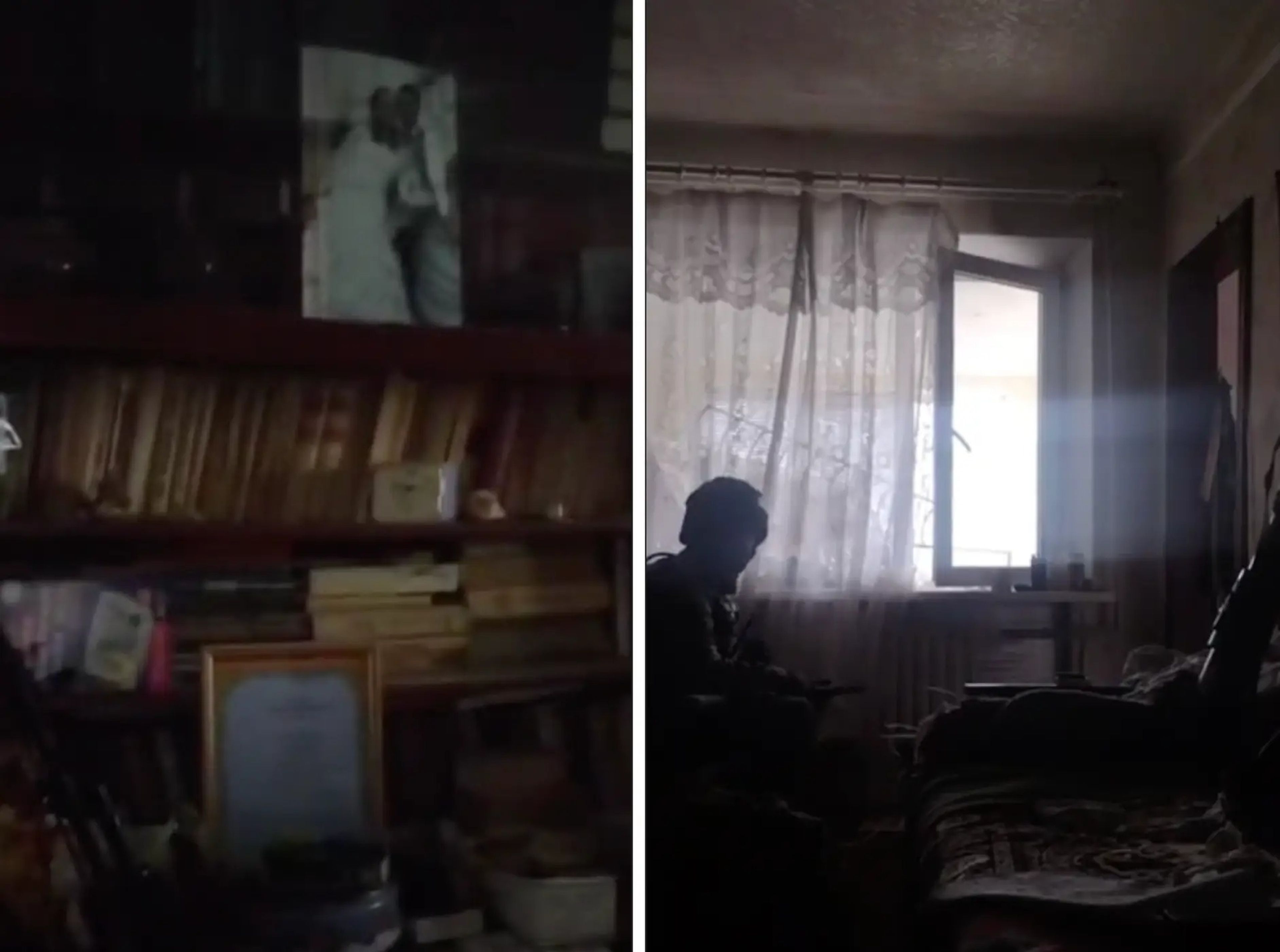 Composición de imágenes tomadas por Jackie en el interior de una casa en la que se refugió en Bajmut: una foto de boda en una estantería y un soldado ucraniano armado sentado junto a la ventana. 