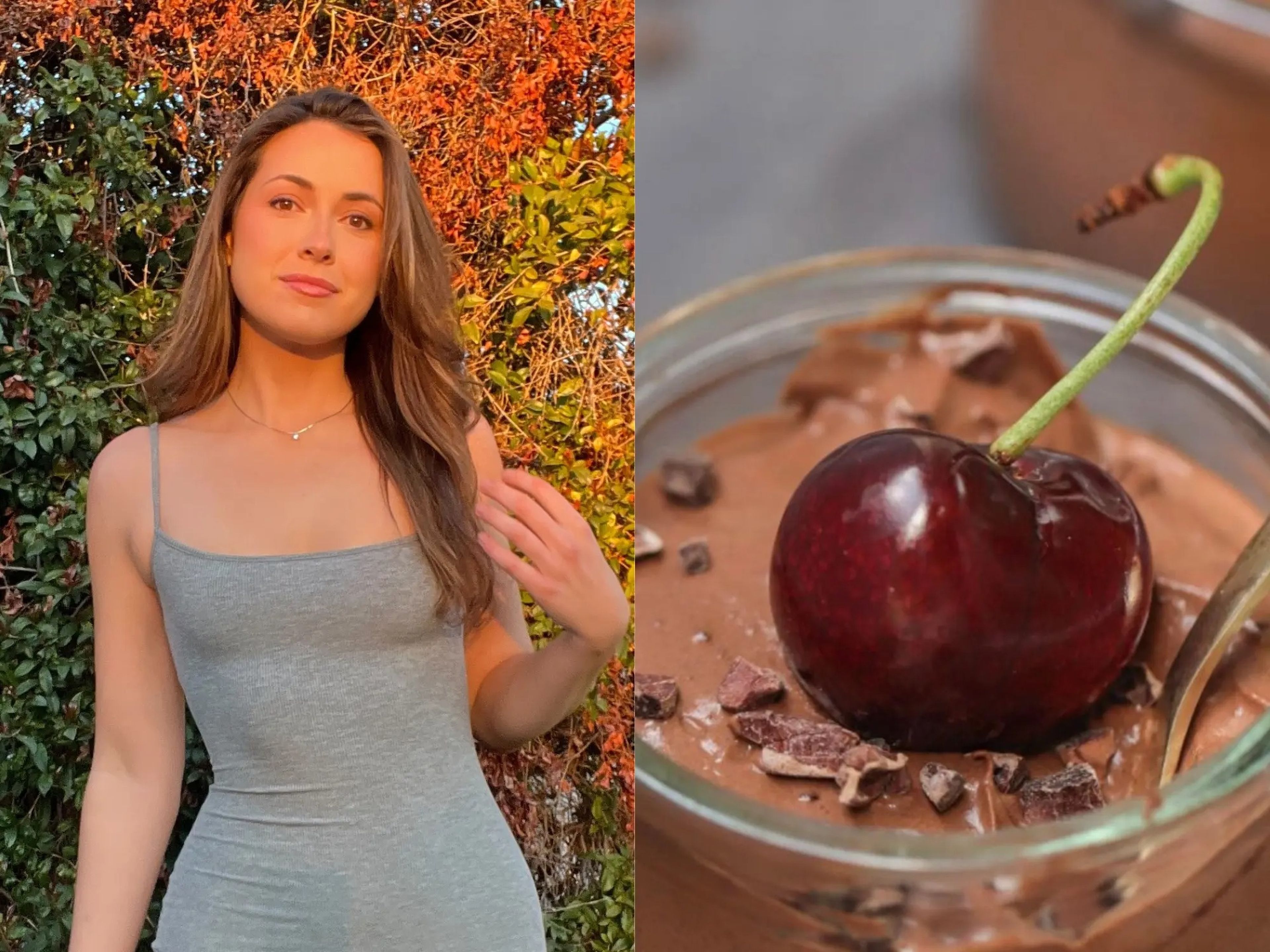 A composite image of a woman in a gray dress and a pot of chocolate mousse with a cherry on top.