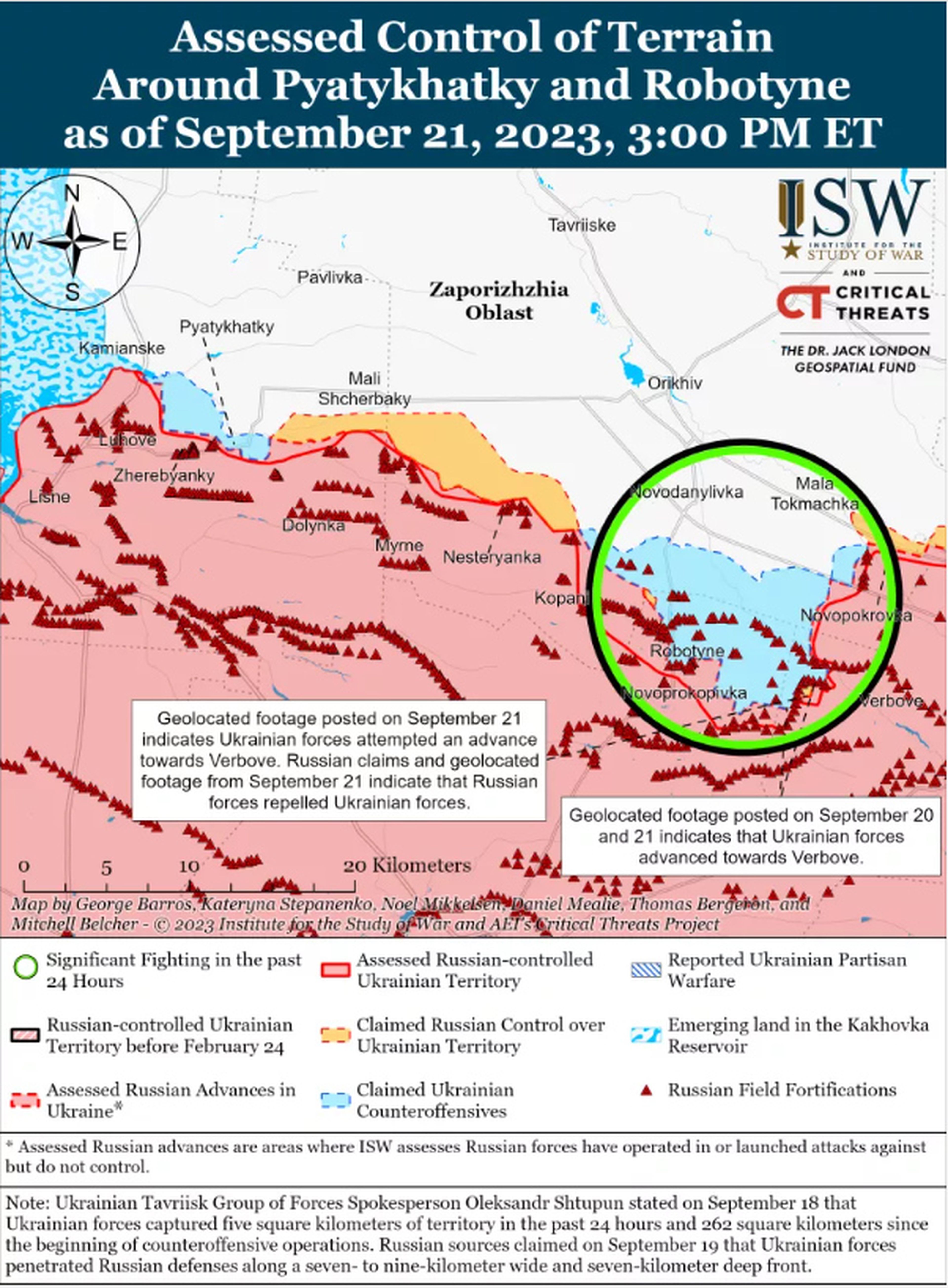 Control estimado del terreno alrededor de Piatikhati y Robótine a 21 de septiembre de 2023, cortesía del Instituto para el Estudio de la Guerra. 
