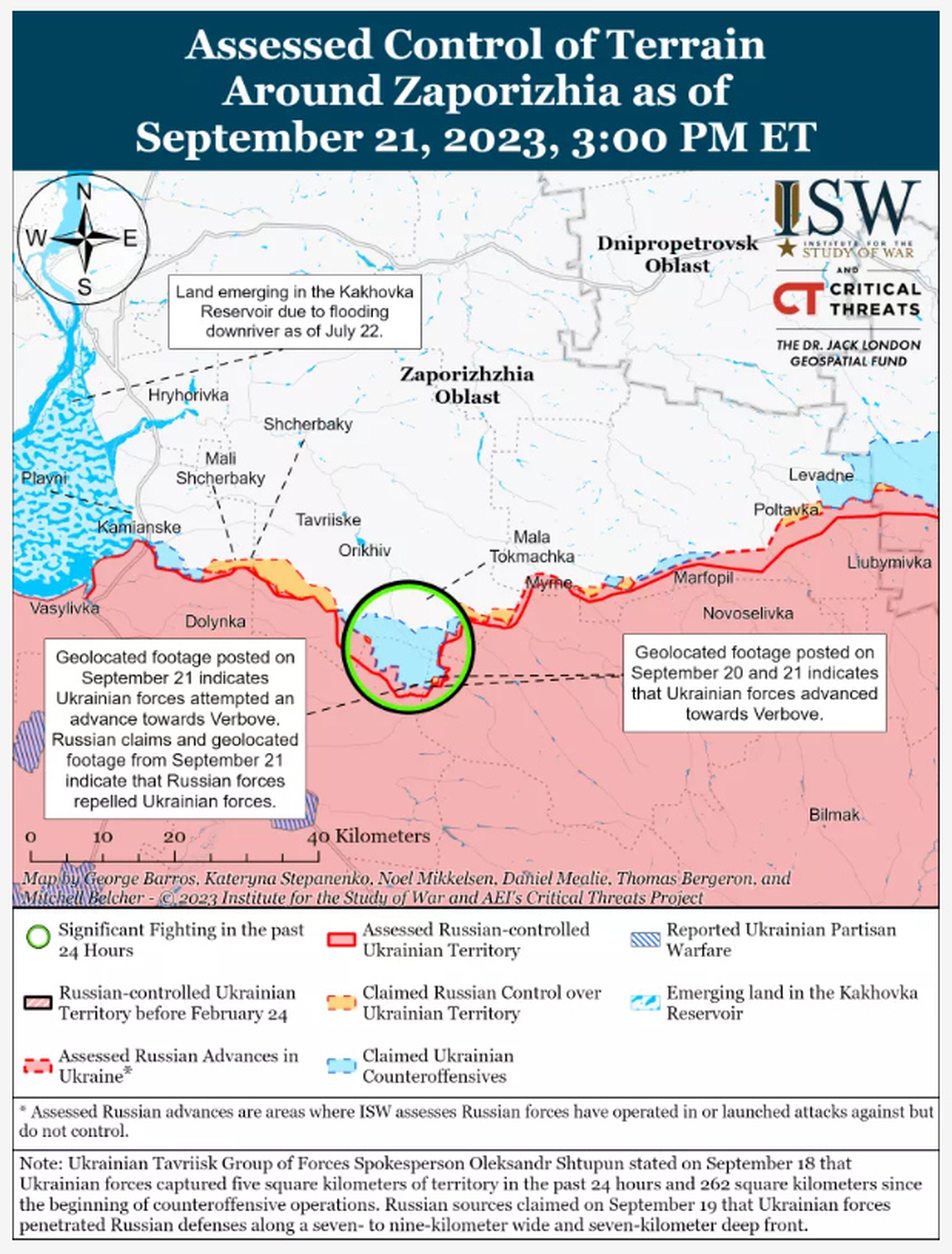 Control estimado del terreno alrededor de Zaporiyia a 21 de septiembre de 2023, cortesía del Instituto para el Estudio de la Guerra.