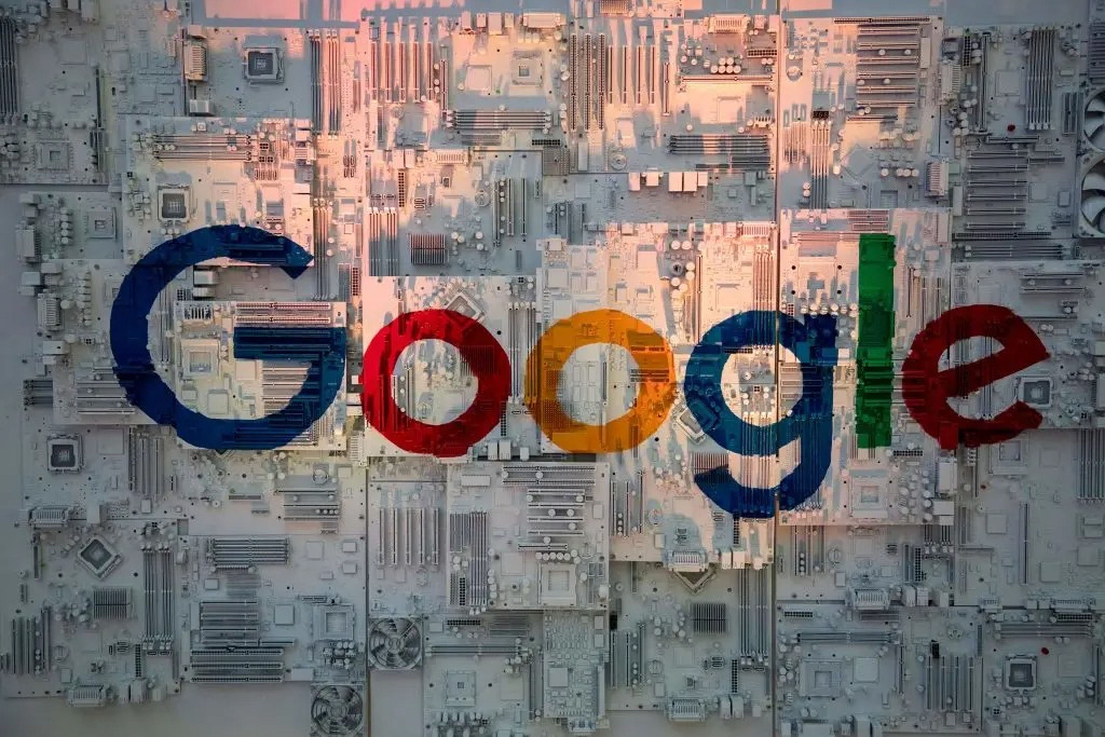 Una ilustración del logo de Google sobre unas placas base.