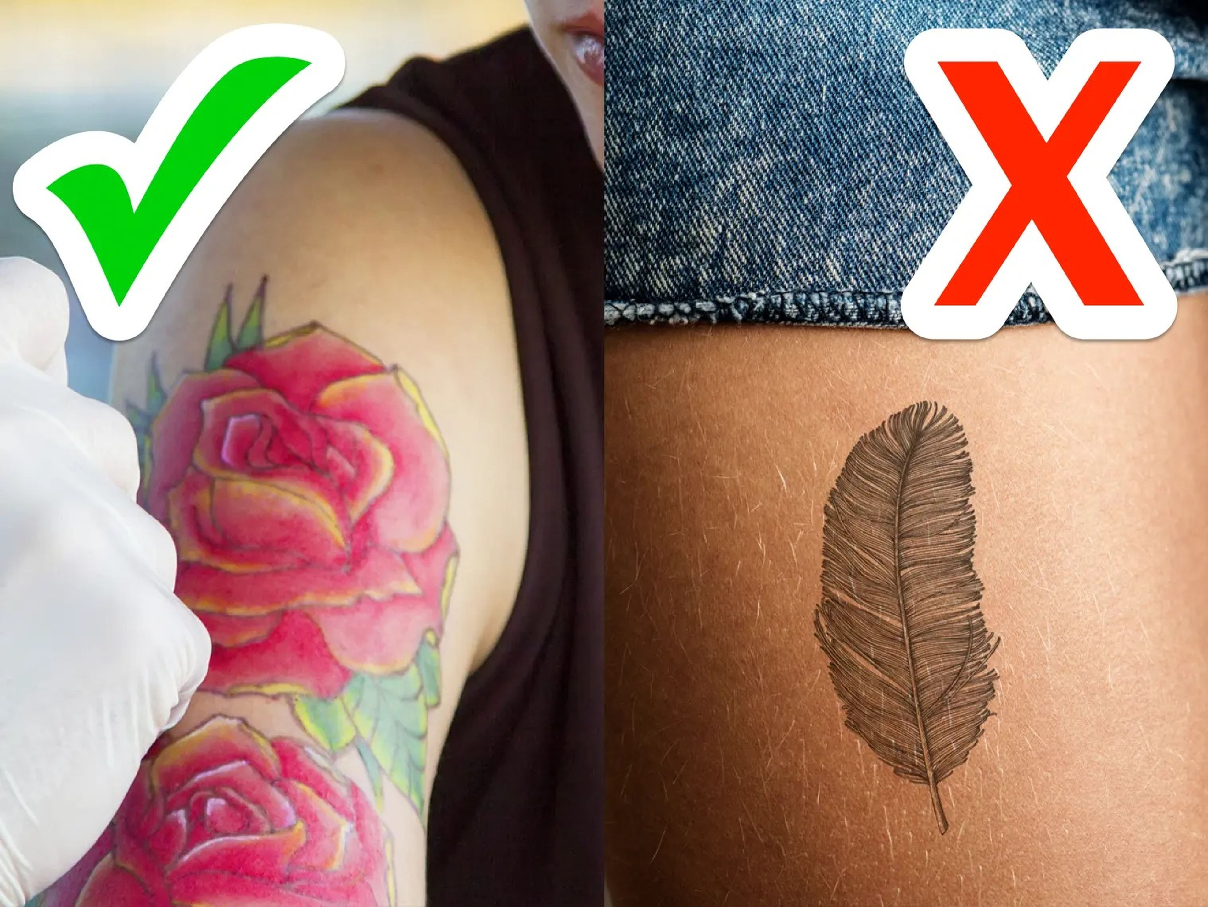 Tatuaje con una rosa frente a tatuaje de una fluma