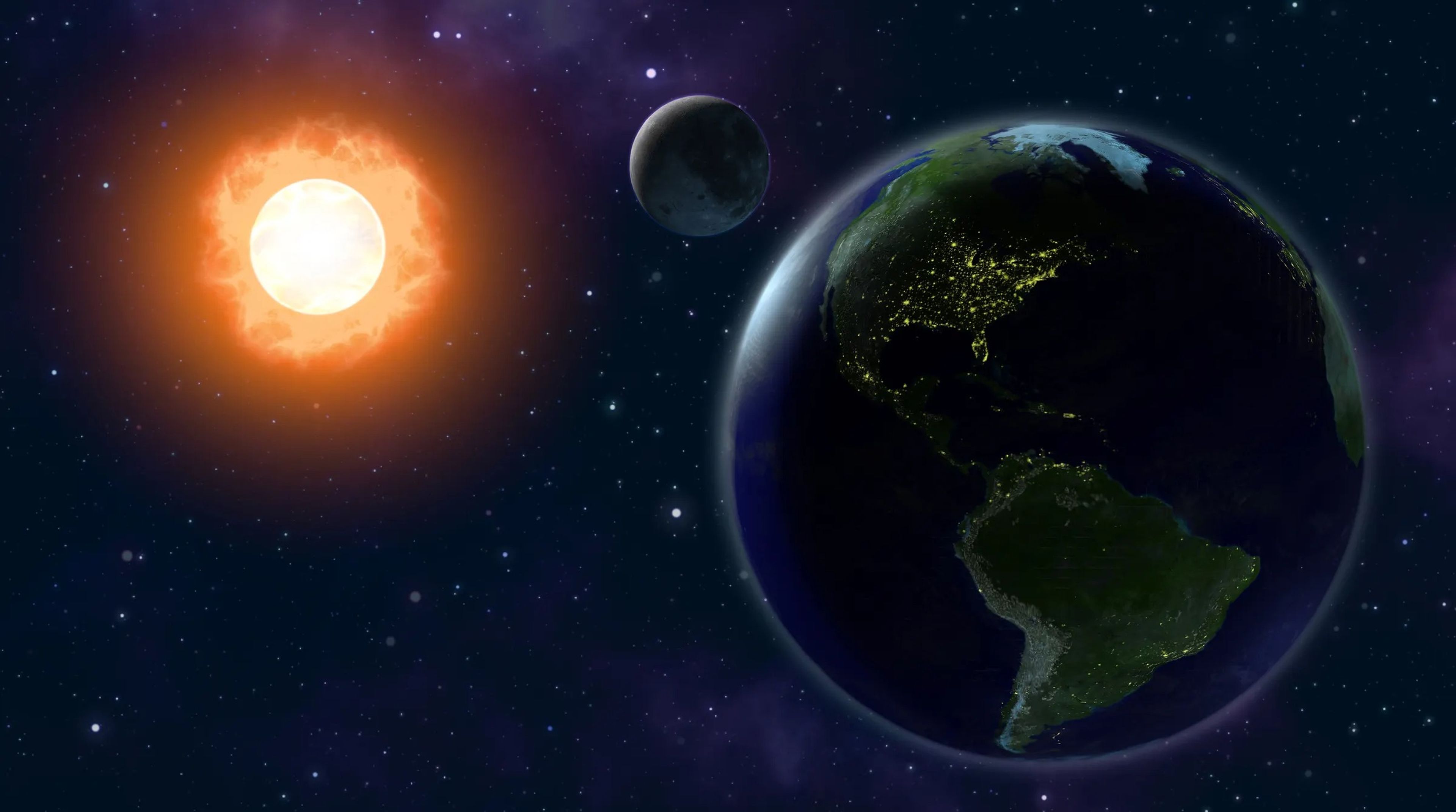 Una ilustración de la Tierra, el sol y la Luna