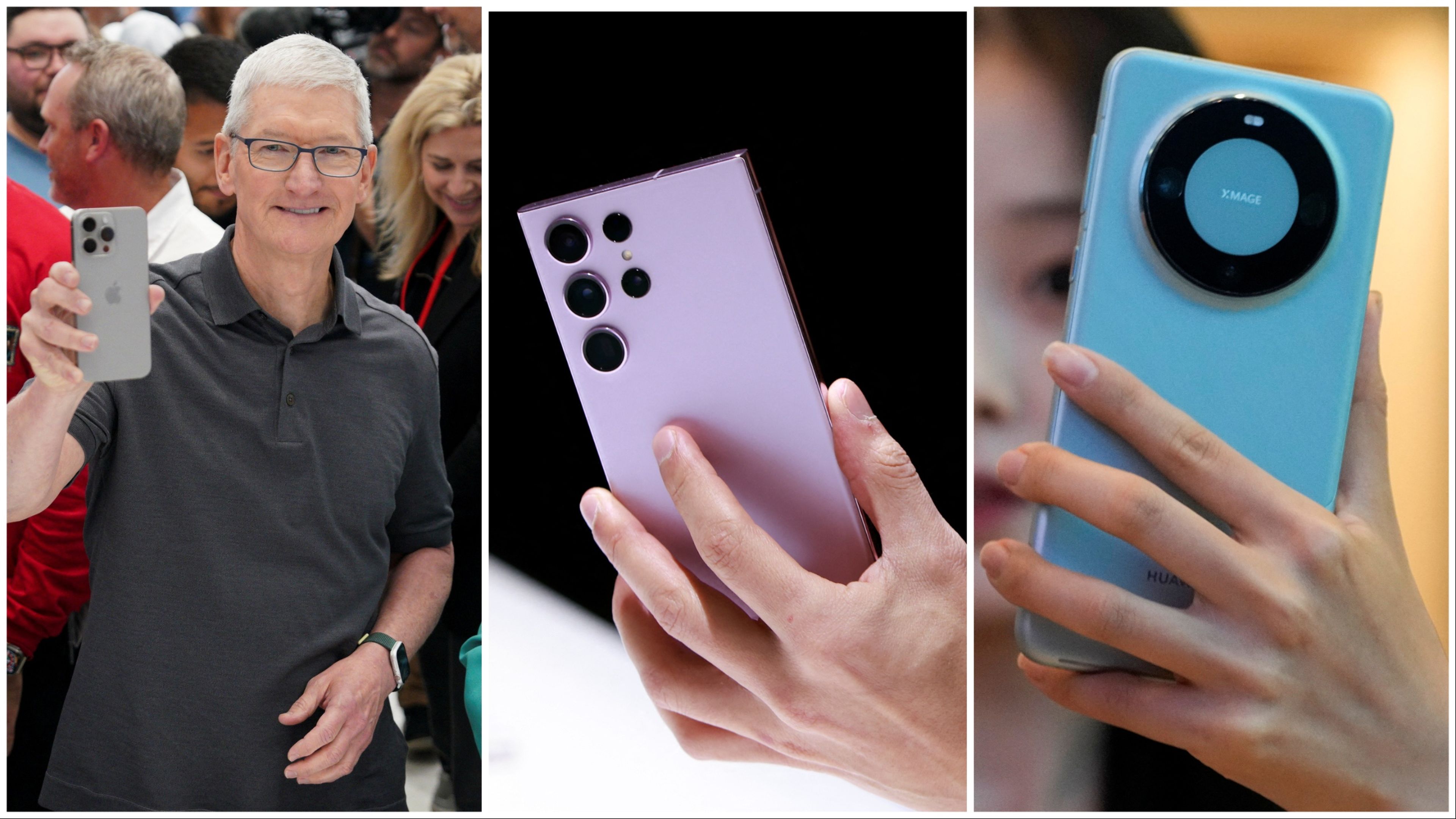 De izq a dcha: Tim Cook, CEO de Apple; Samsung Galaxy S23 Ultra; y Huawei Mate 60 Pro