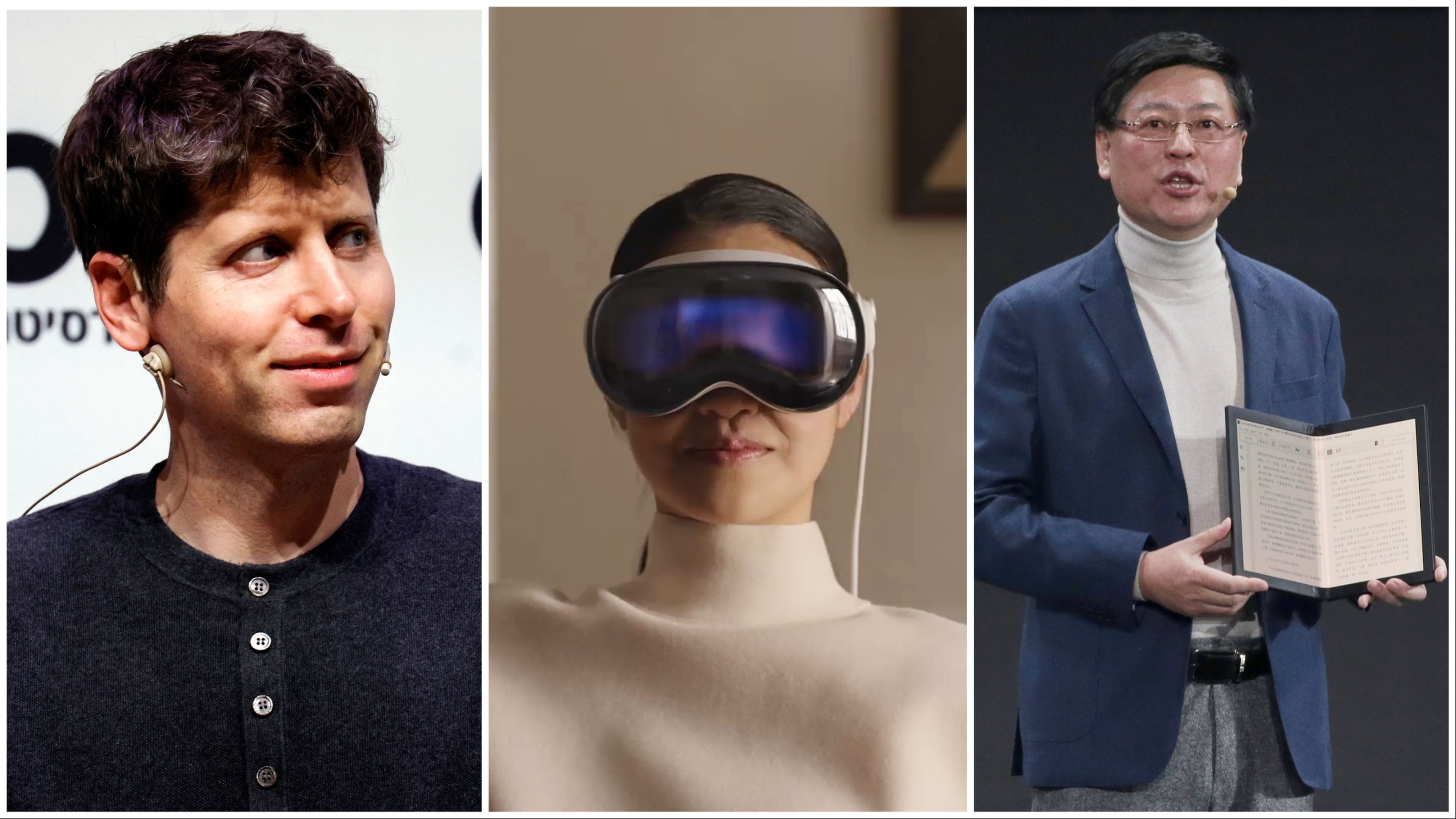 De izquierda a derecha: Sam Atman, CEO de OpenAI; las gafas Apple Vision Pro; y el CEO de Lenovo, Yang Yuanqing.