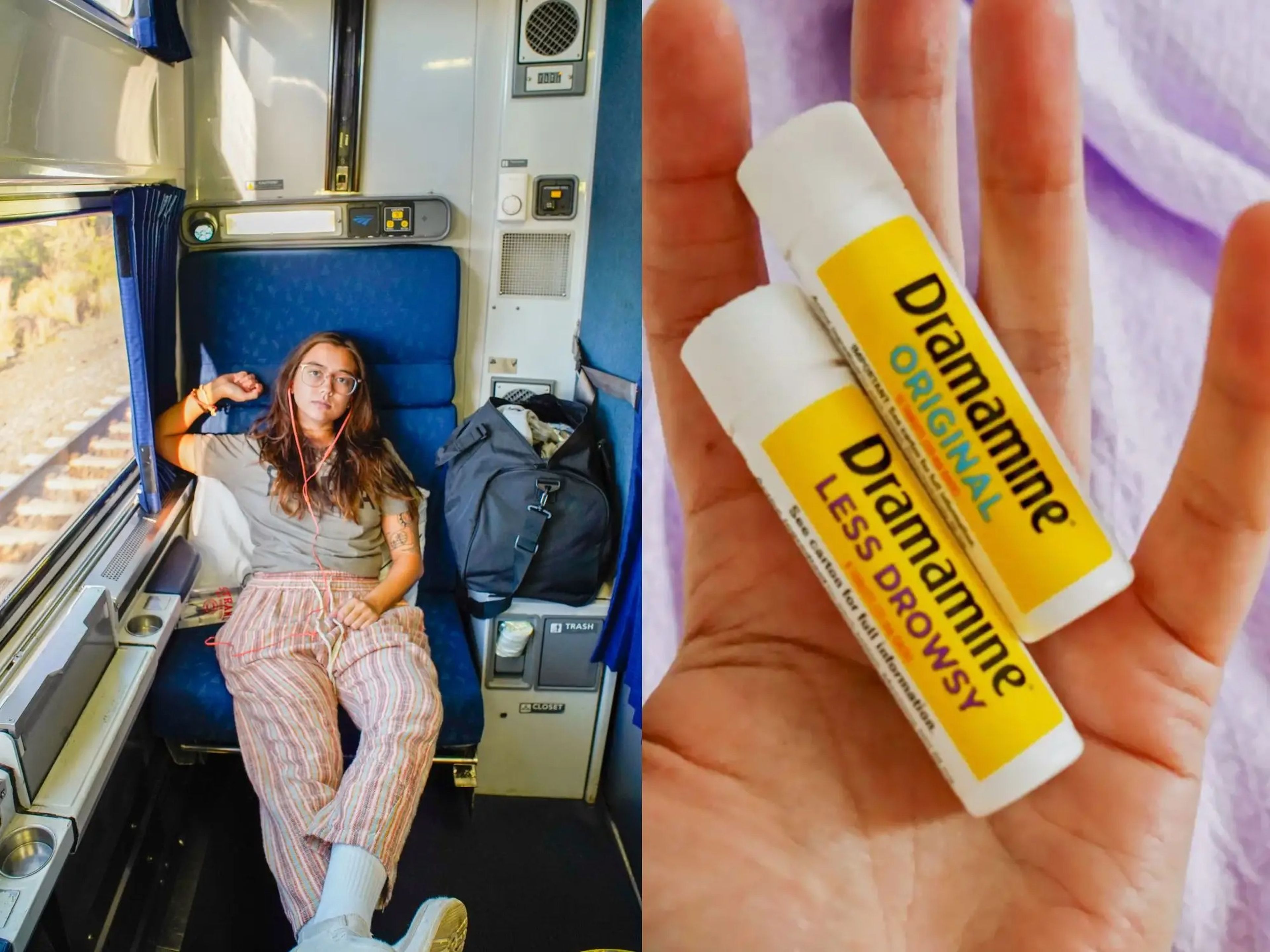 Left: The author sits in a blue train seat with a window on the right. Right: A hand holds two yellow bottles of Dramamine in front of a purple sheet.