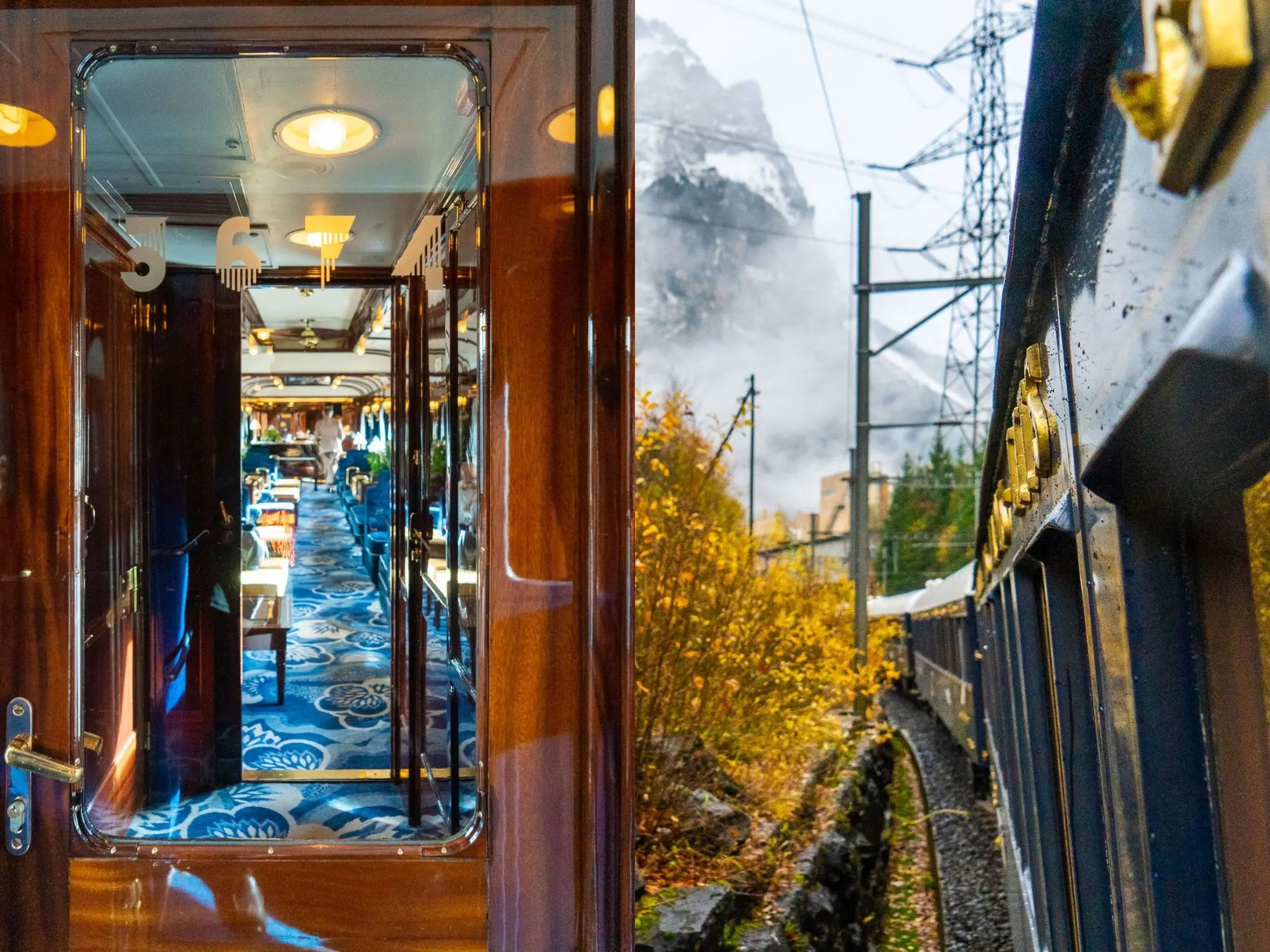 Left: A shiny, windowed, wooden train door leads to a carriage with blue carpets and seating. Right: A blue train with gold lettering moves in front of mountains with foliage on the left.