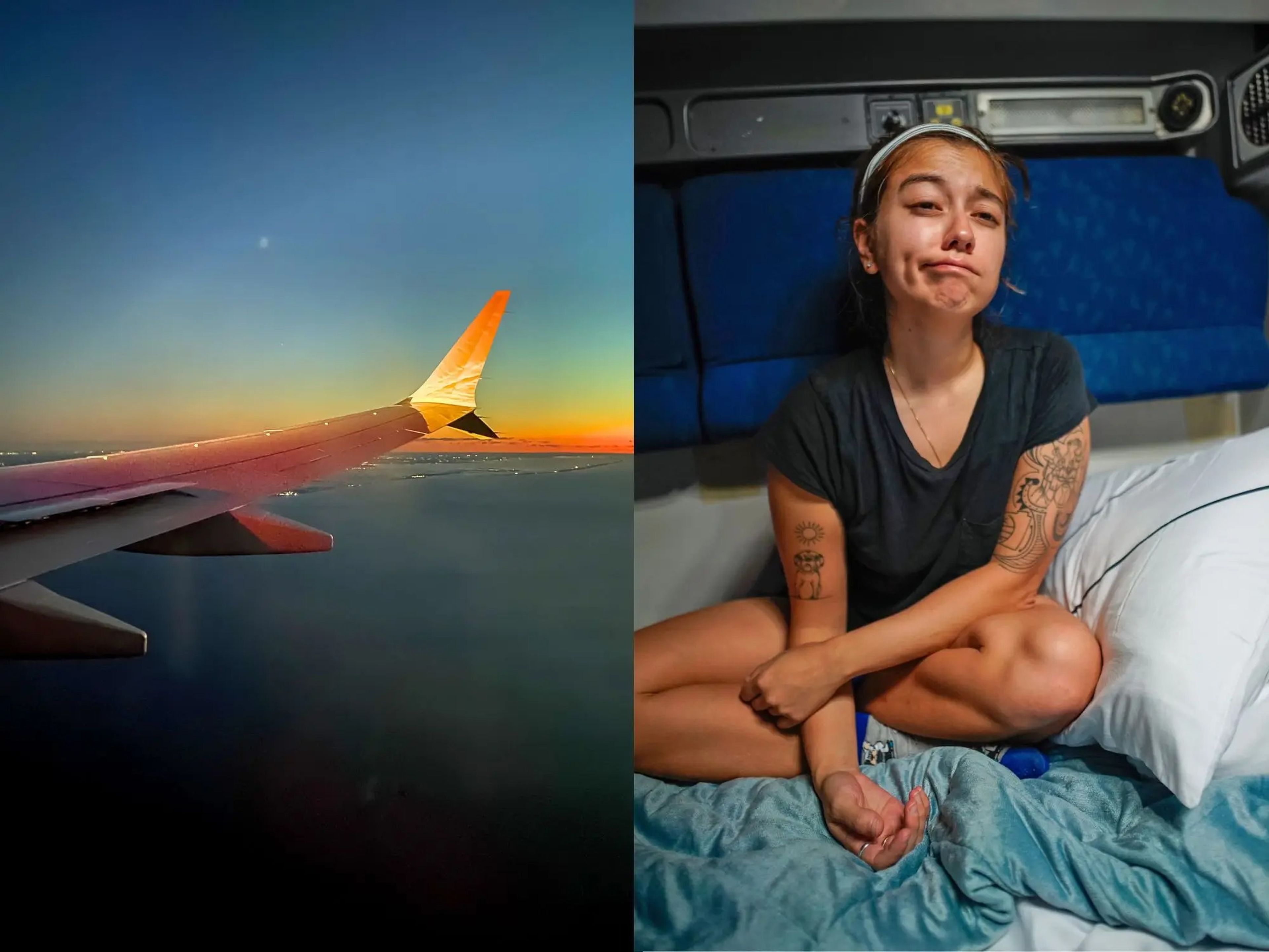 Left: A sunset out a plane window. Right: The author sits tired on a train bed
