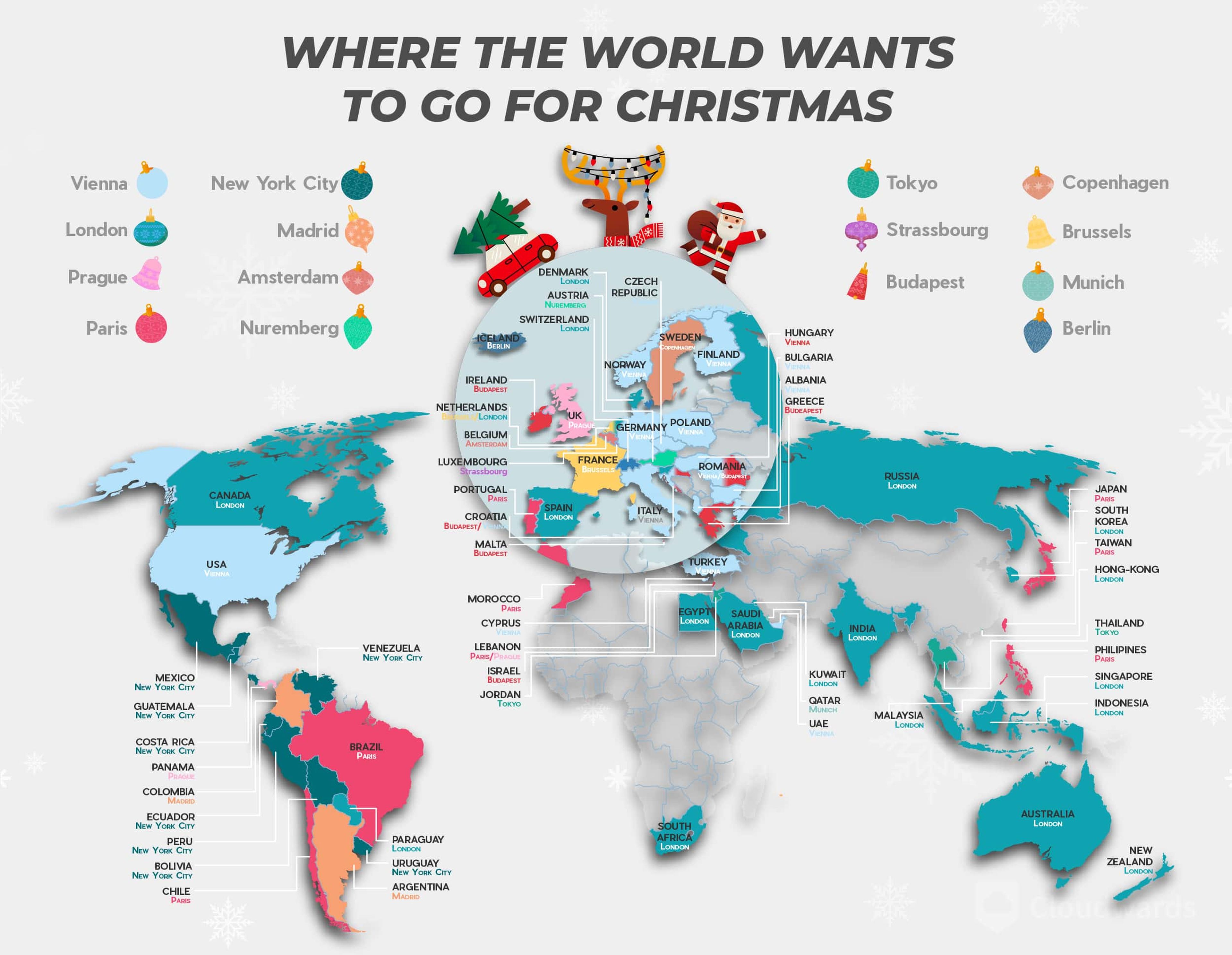 Mapa del mundo con los diferentes destinos navideños más buscados en cada país.