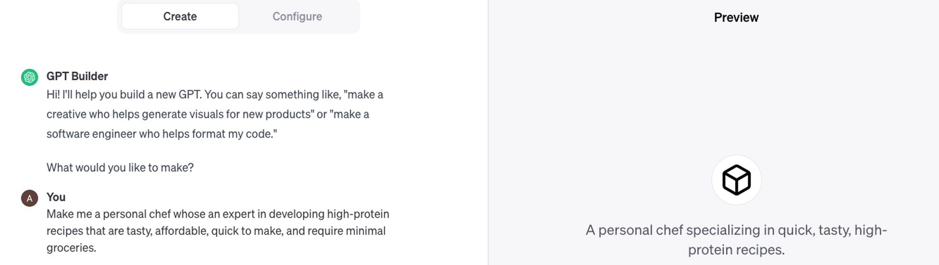 En mi caso, le pedí a GPT Builder que crease un chef personal especializado en recetas ricas en proteínas.