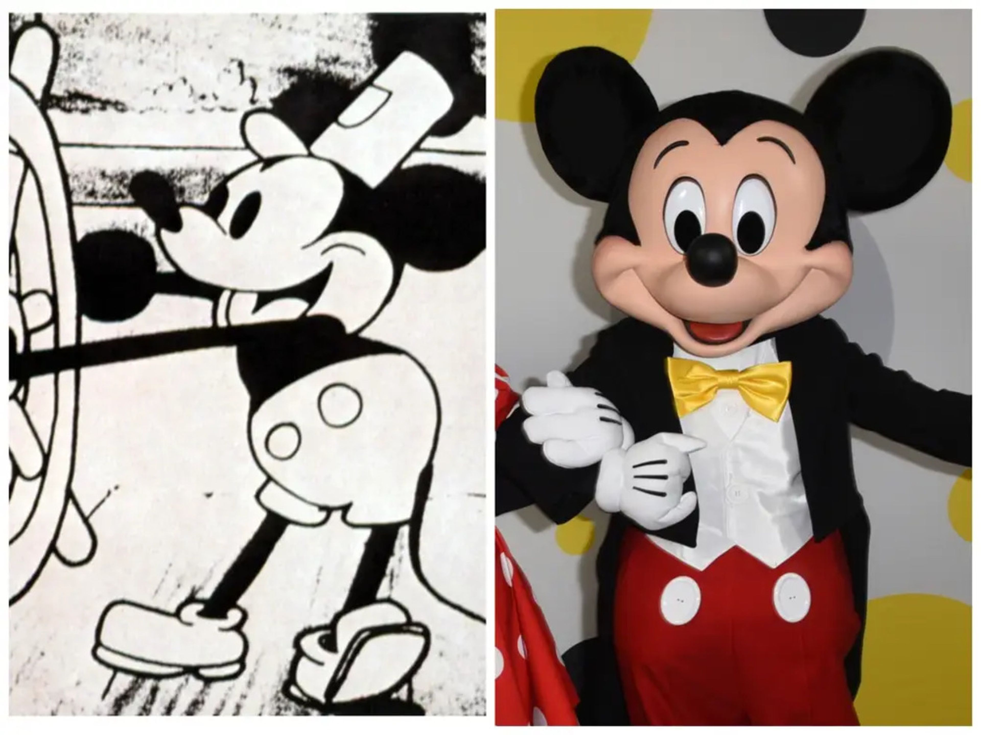 El primer Mickey Mouse del corto de animación Wiilie y el barco de vapor (izq.) y el Mickey Mouse actual.