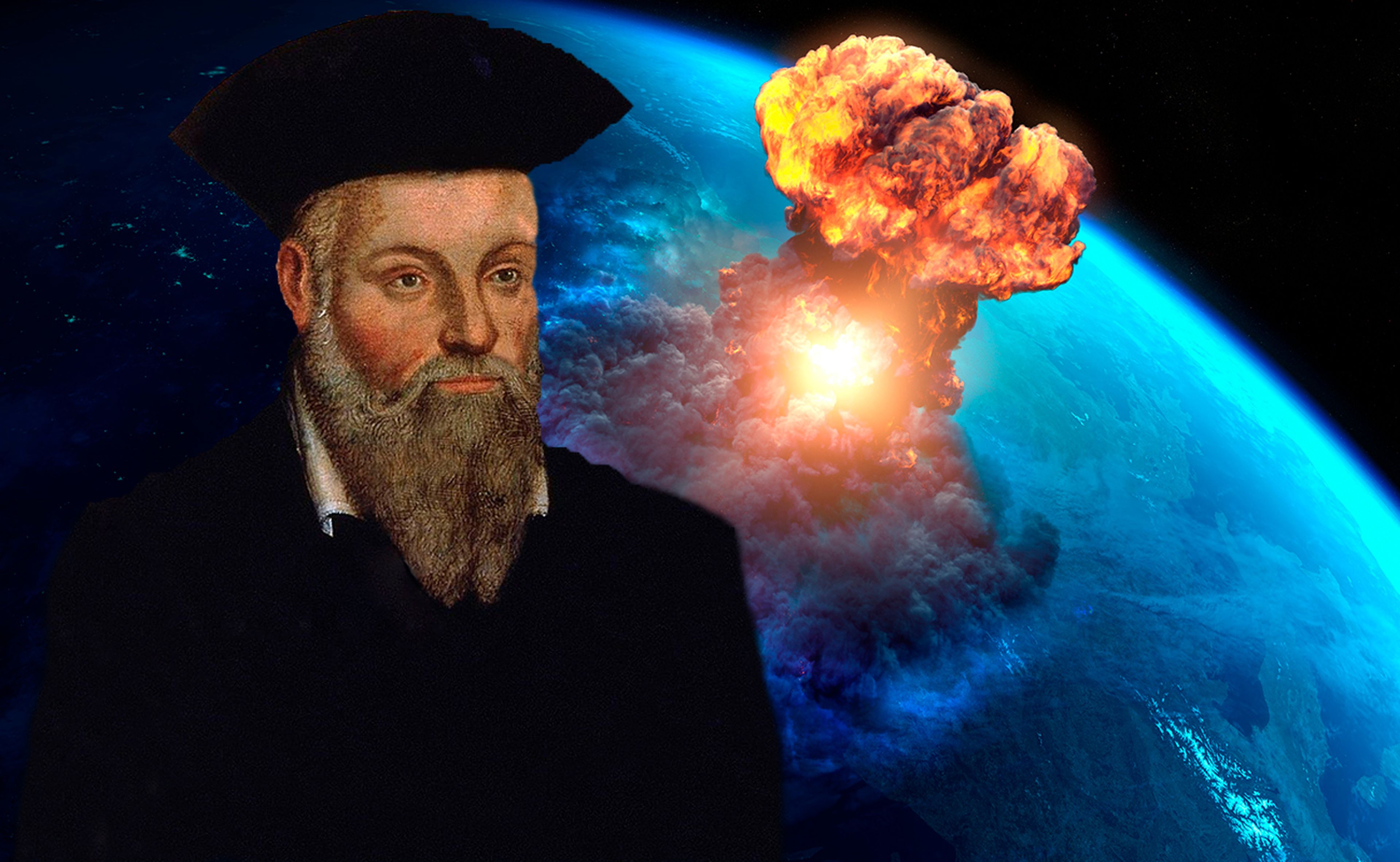 Nostradamus sobre un fondo de una bomba sobre la Tierra