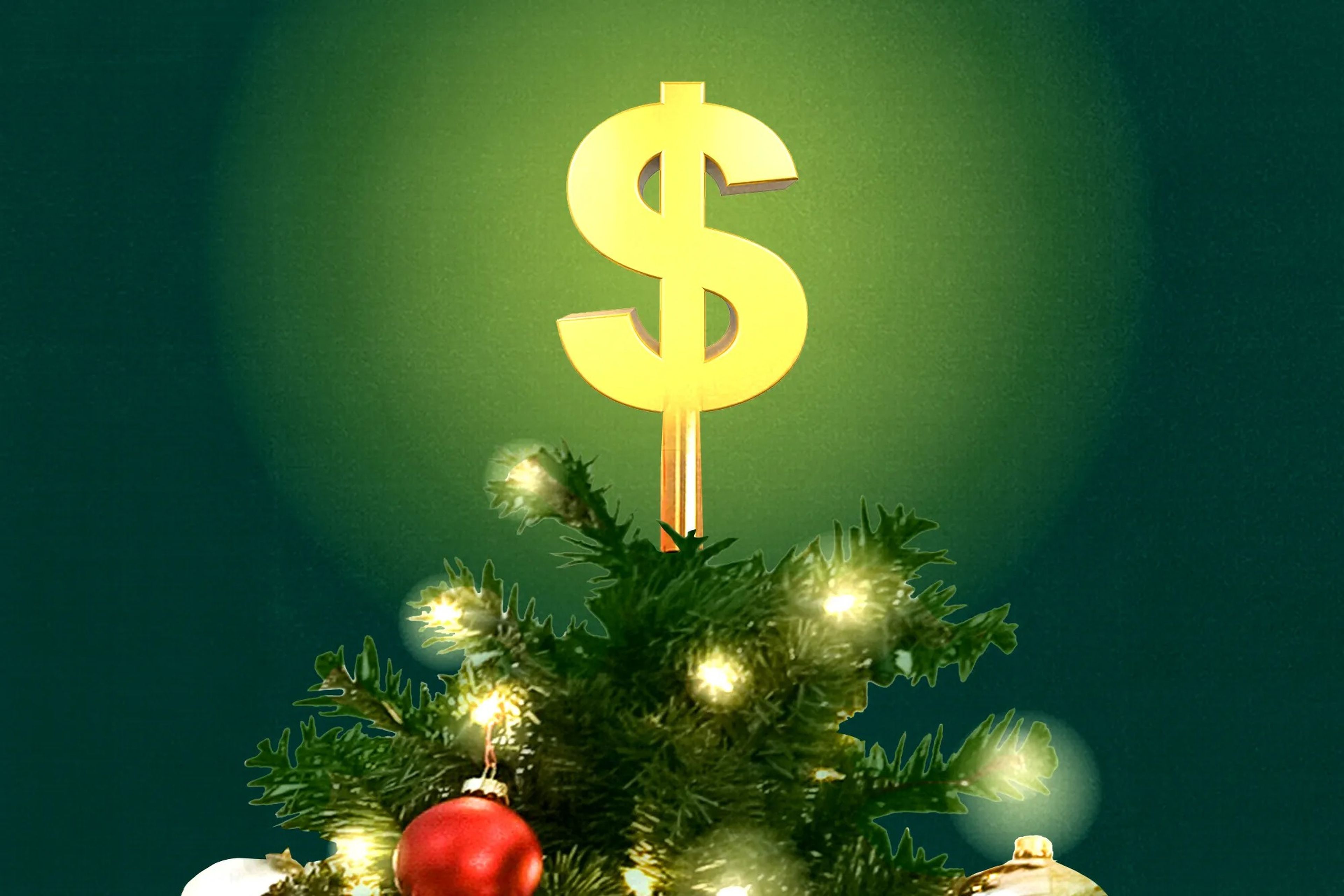 Photo collage of a dollar sign topping a christmas tree.
