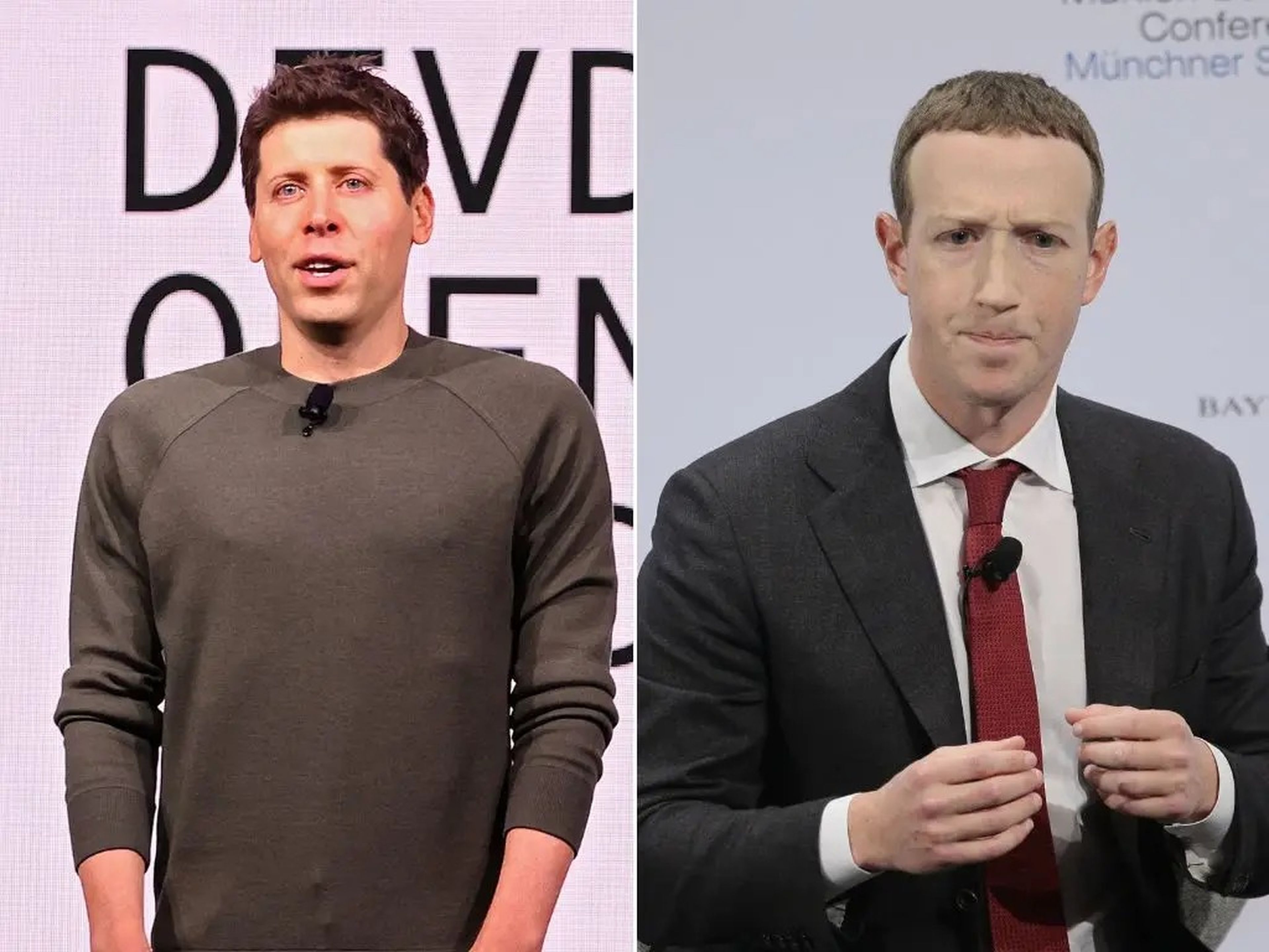 Sam Altman, CEO de OpenAI (izquierda), y Mark Zuckerberg, CEO de Meta (la matriz de Facebook, Instagram y WhatsApp).