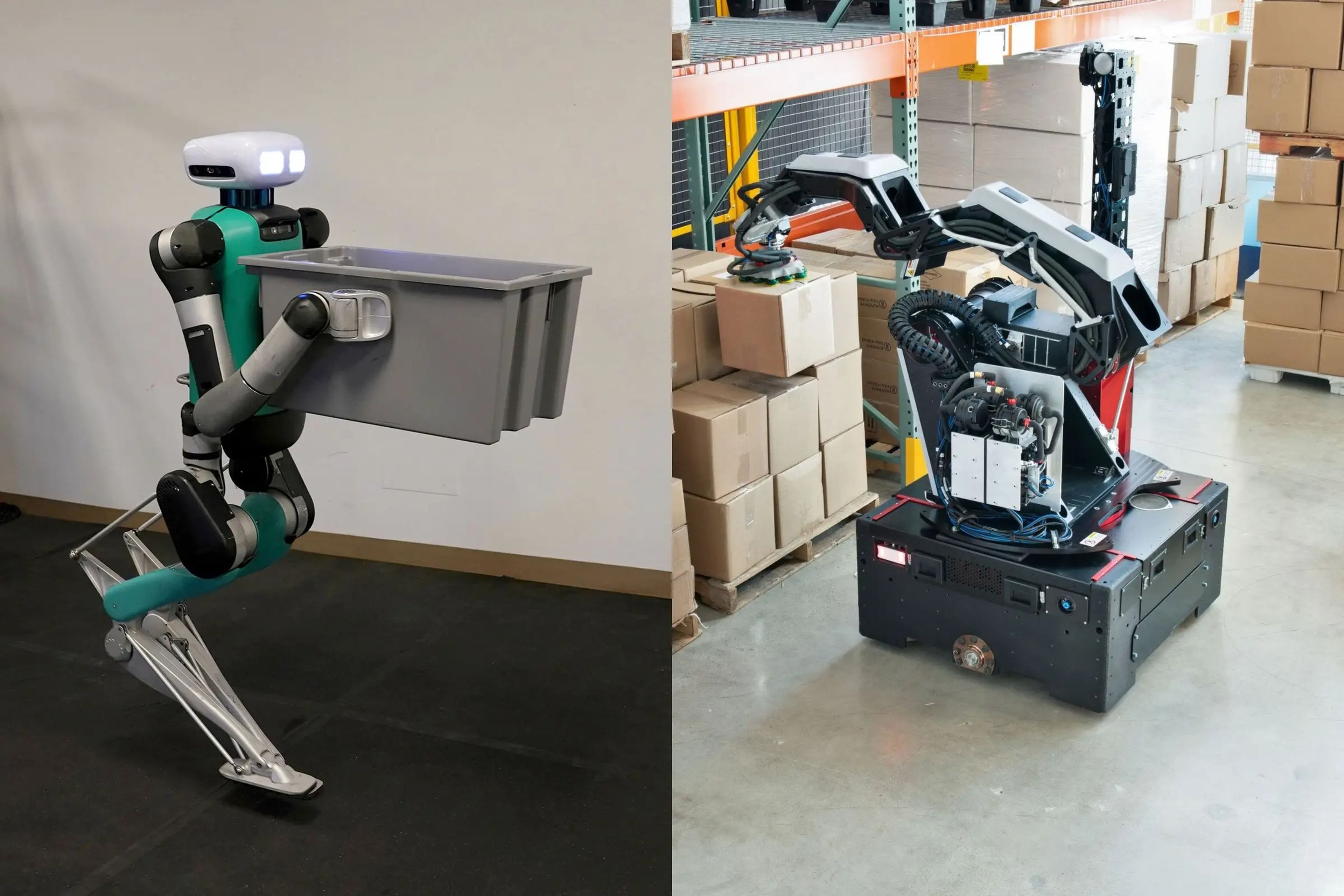 Digit, un androide diseñado por Agility Robotics (izquierda), y Stretch, un brazo mecánico fabricado por Boston Dynamics (derecha), son capaces de levantar cajas en grandes almacenes.