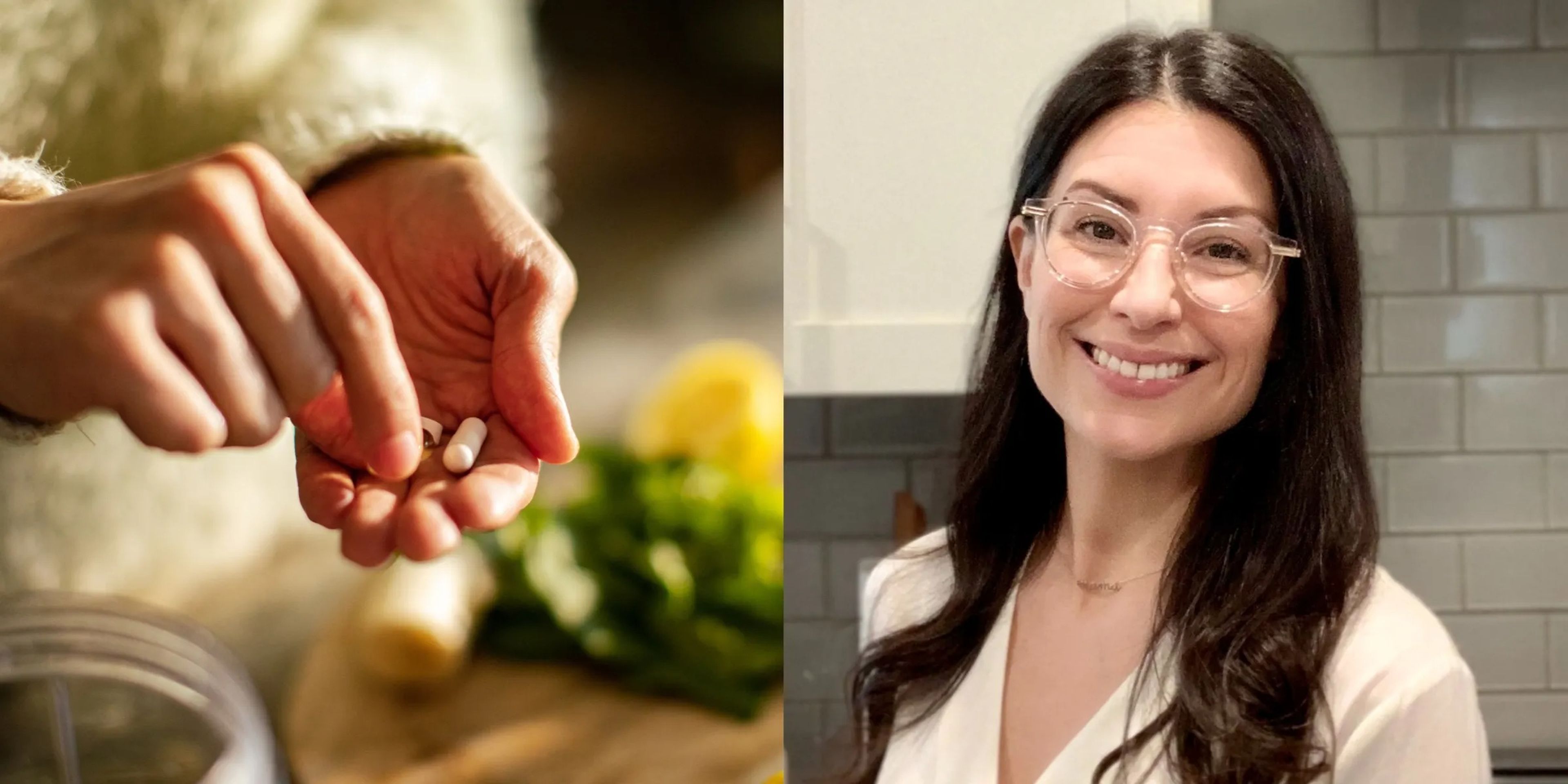 Stock image of someone holding vitamins (left) Natalie Carroll (right).