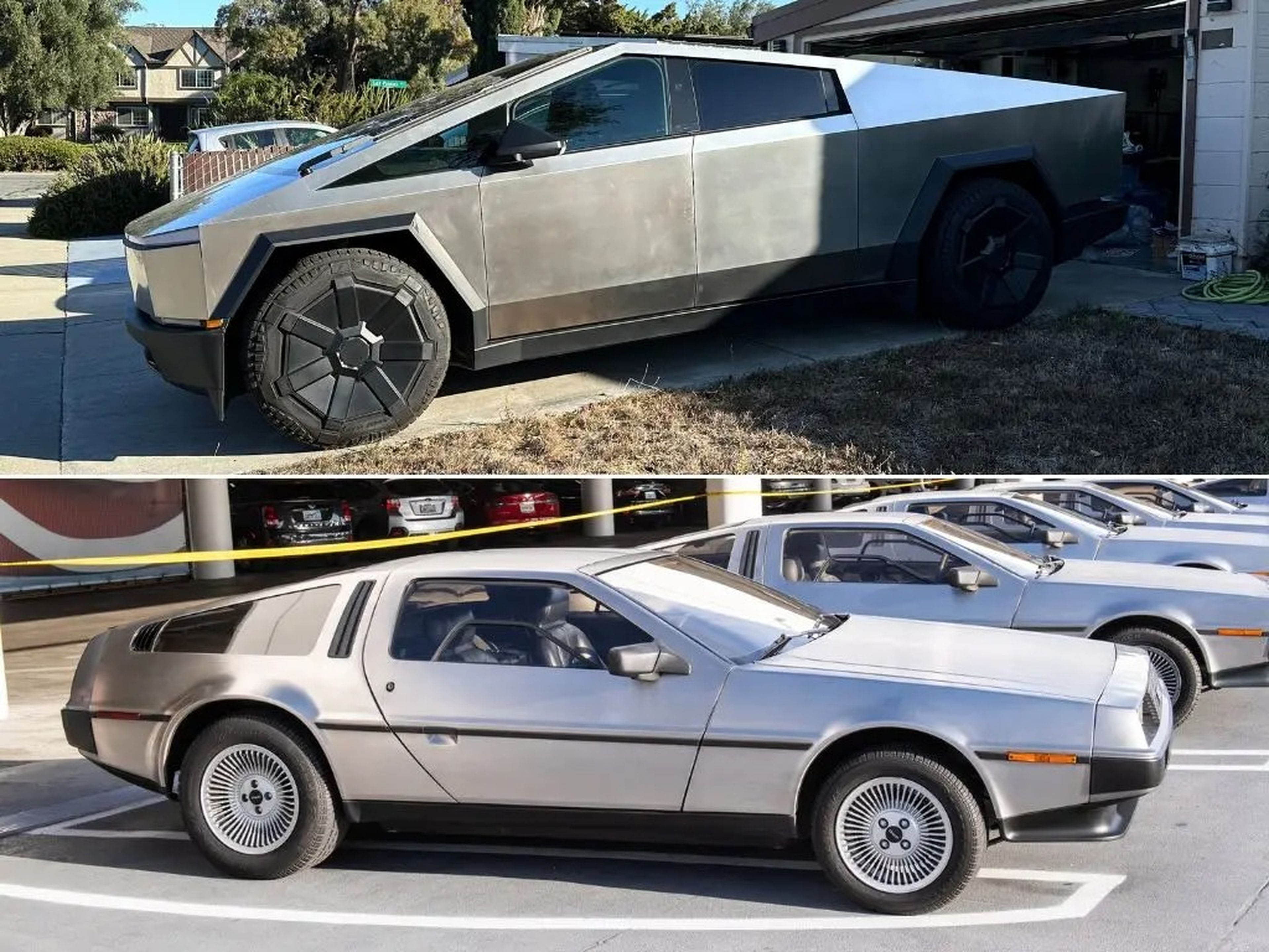 El Cybertruck de Tesla (arriba) y el DeLorean DMC-12 (abajo).