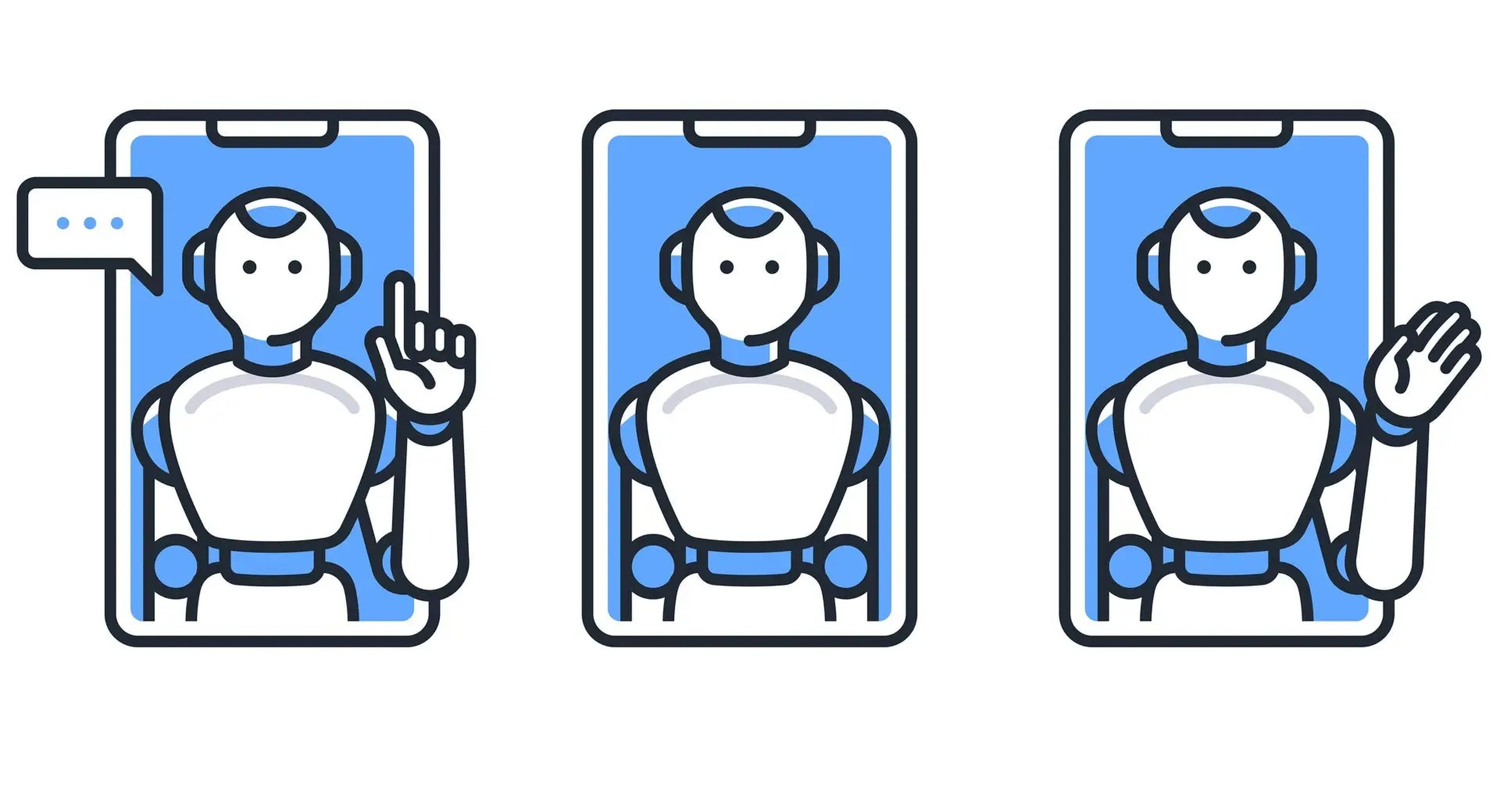 three illustrations of a humanoid robot talking and waving on a phone screen