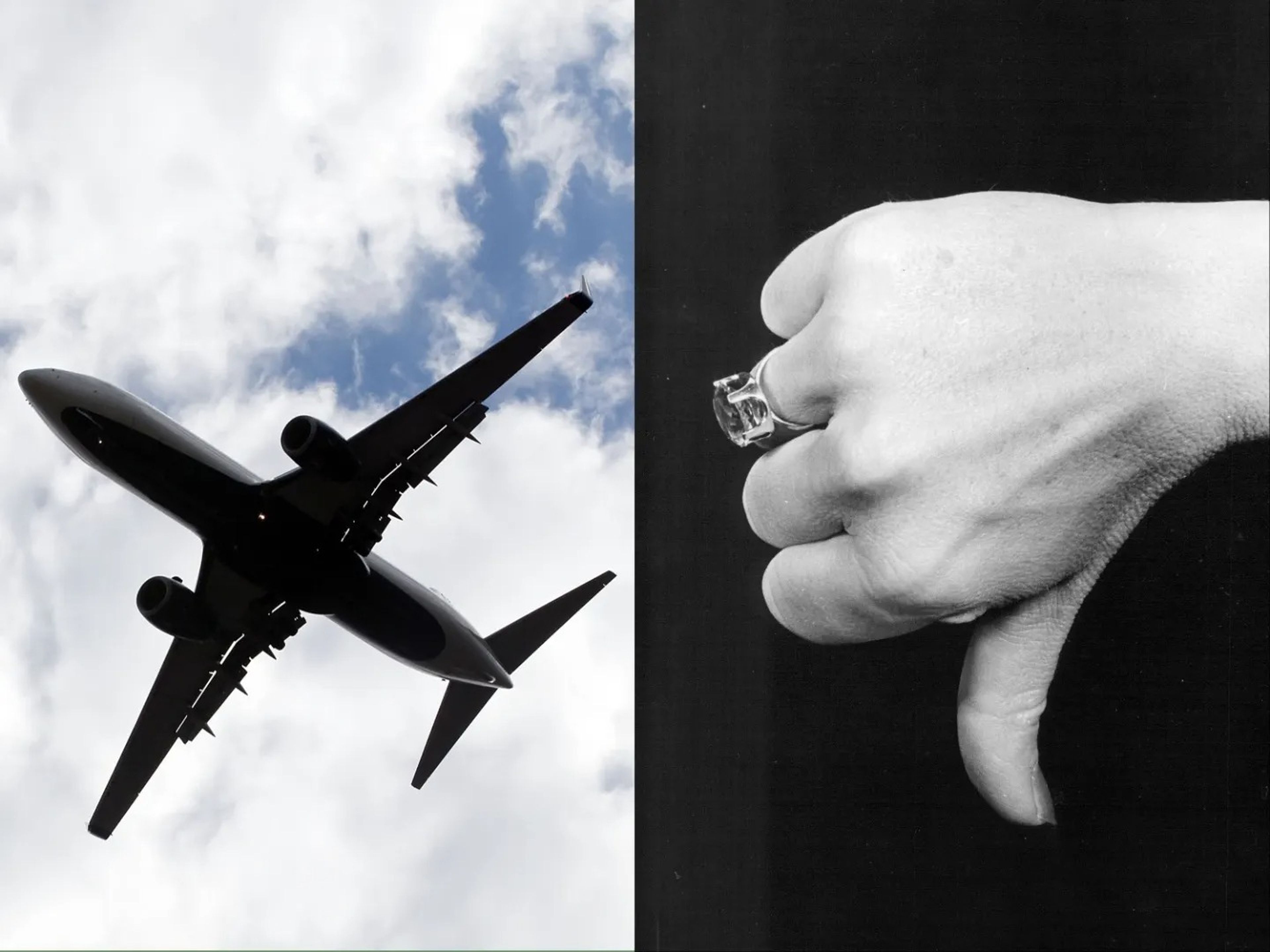 The view of a plane as it passes overhead on a sunny day (left) next to a thumbs down gesture from a hand wearing a fancy ring (right)