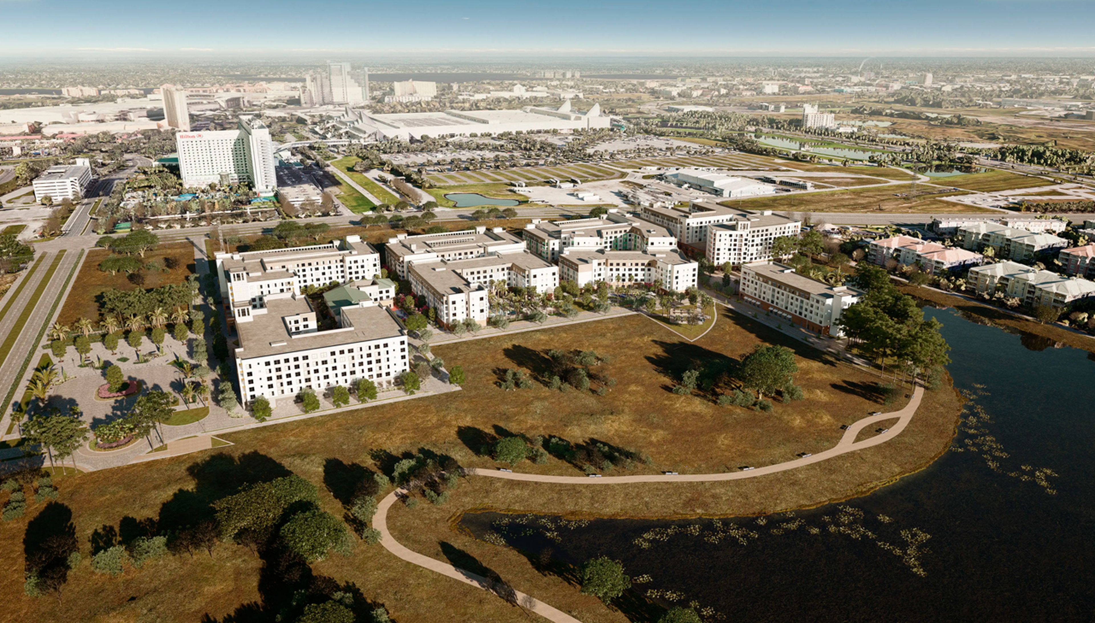 Representación aérea de Catchlight Crossings, la urbanización de viviendas asequibles que se construirá en terrenos reservados por Universal Destinations & Experiences en Florida Central.