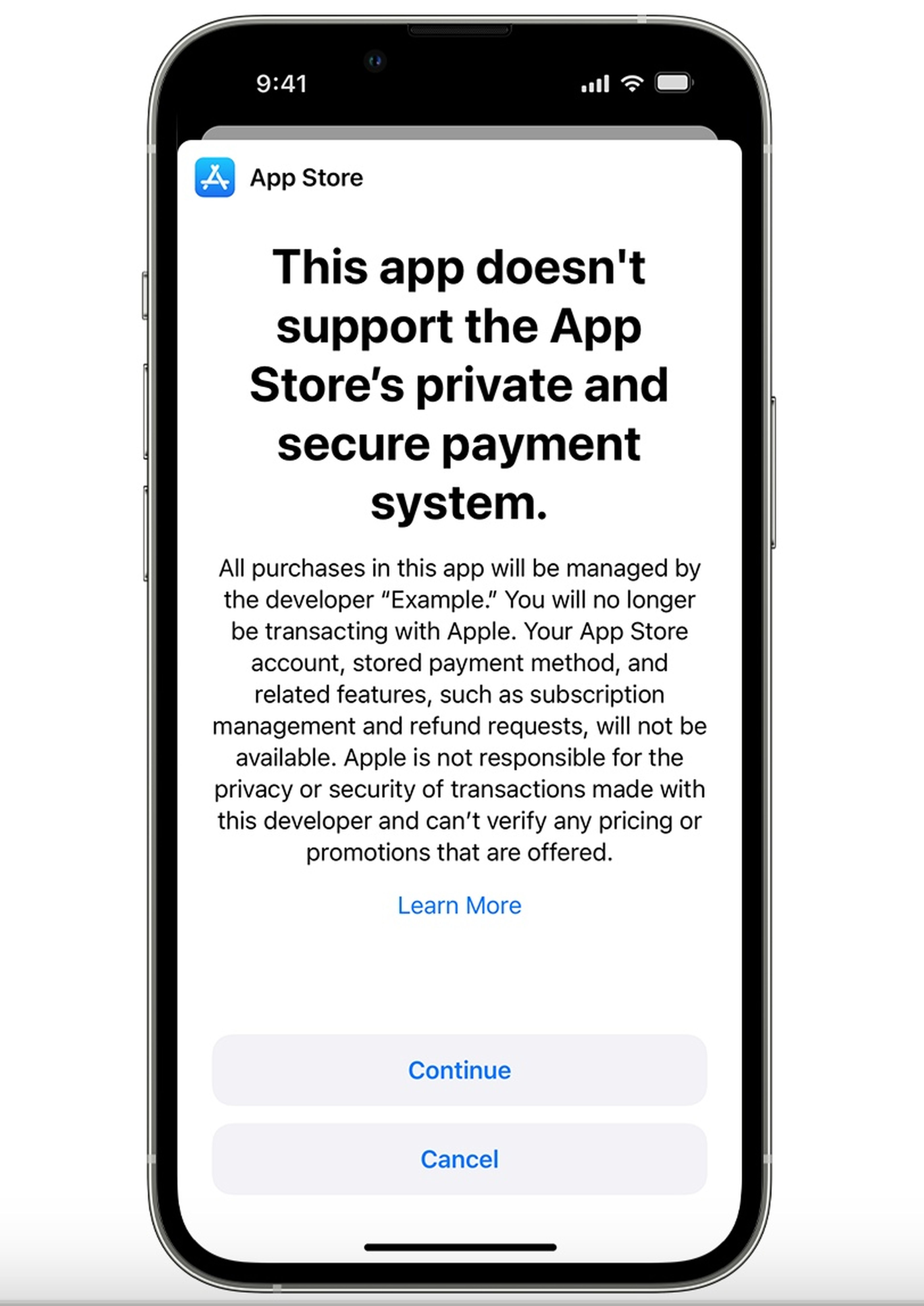 Una versión de la pantalla que verán los usuarios al intentar realizar pagos sin usar la App Store.