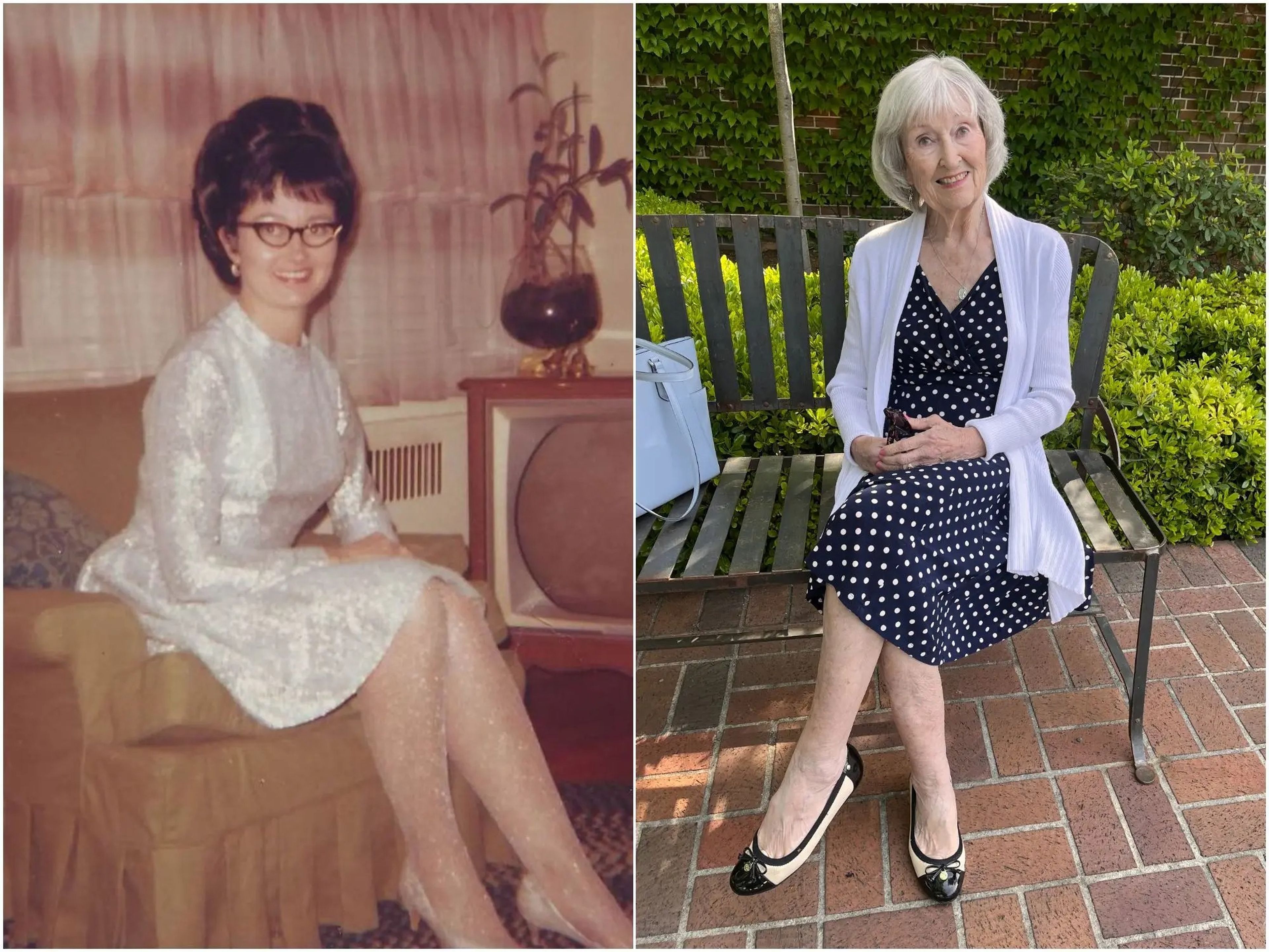The author's grandmother, Kathleen, in the 1950s, and in present-day at the age of 91.