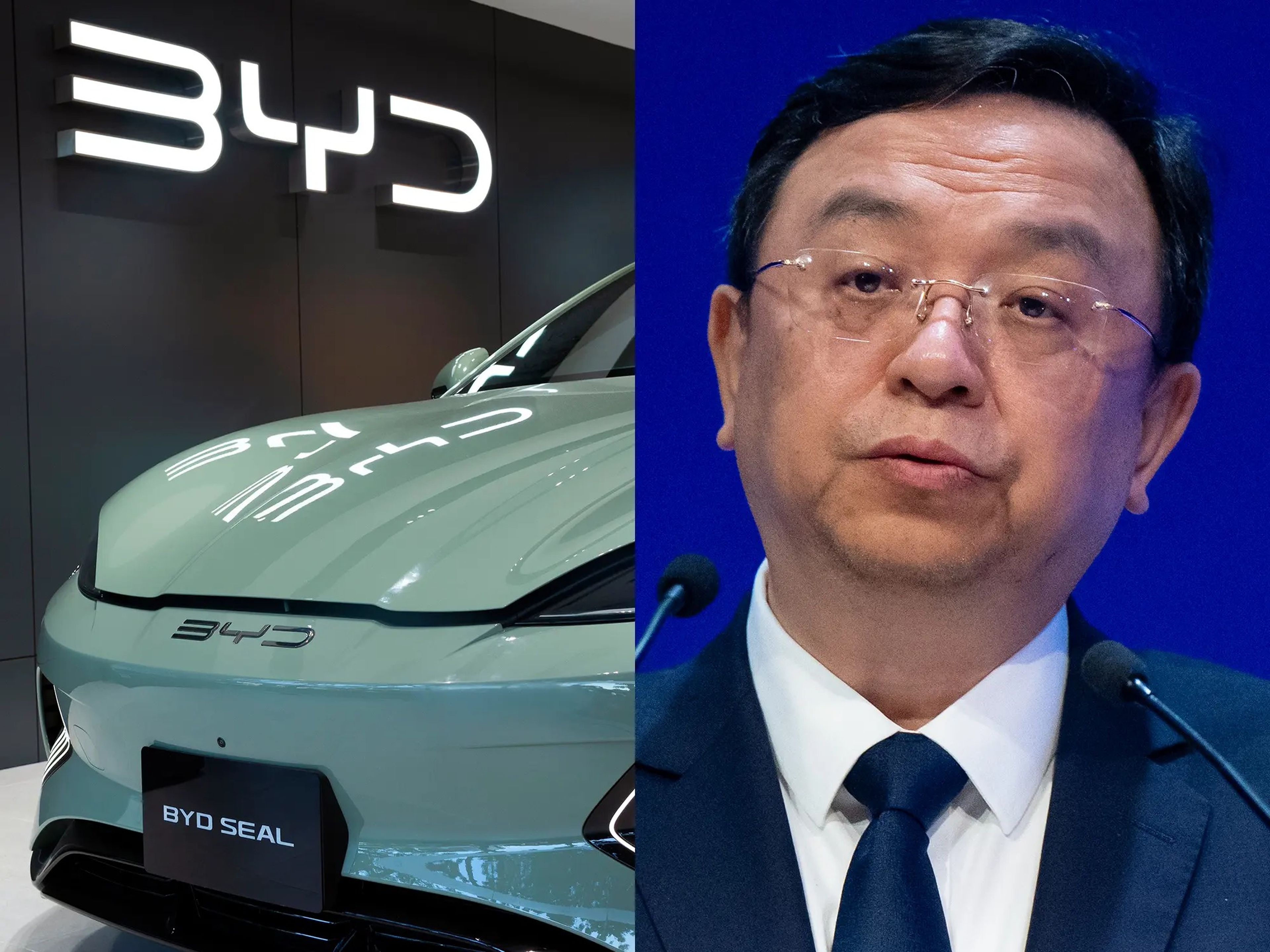 El fundador de BYD, Wang Chuanfu, y un coche BYD Seal.