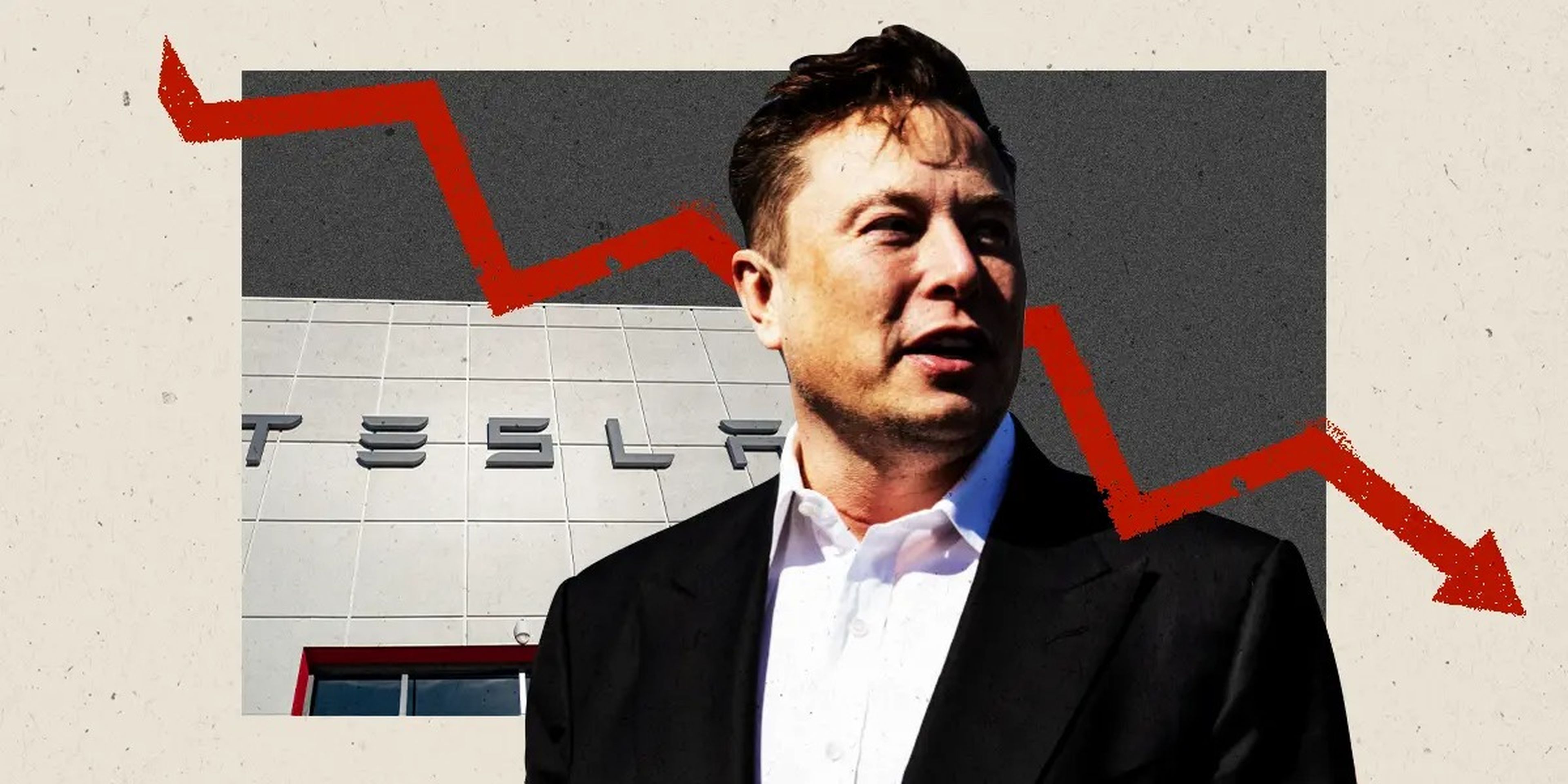 Collage con Elon Musk, la fachada del concesionario de Tesla Motors con el logotipo y una flecha descendente.