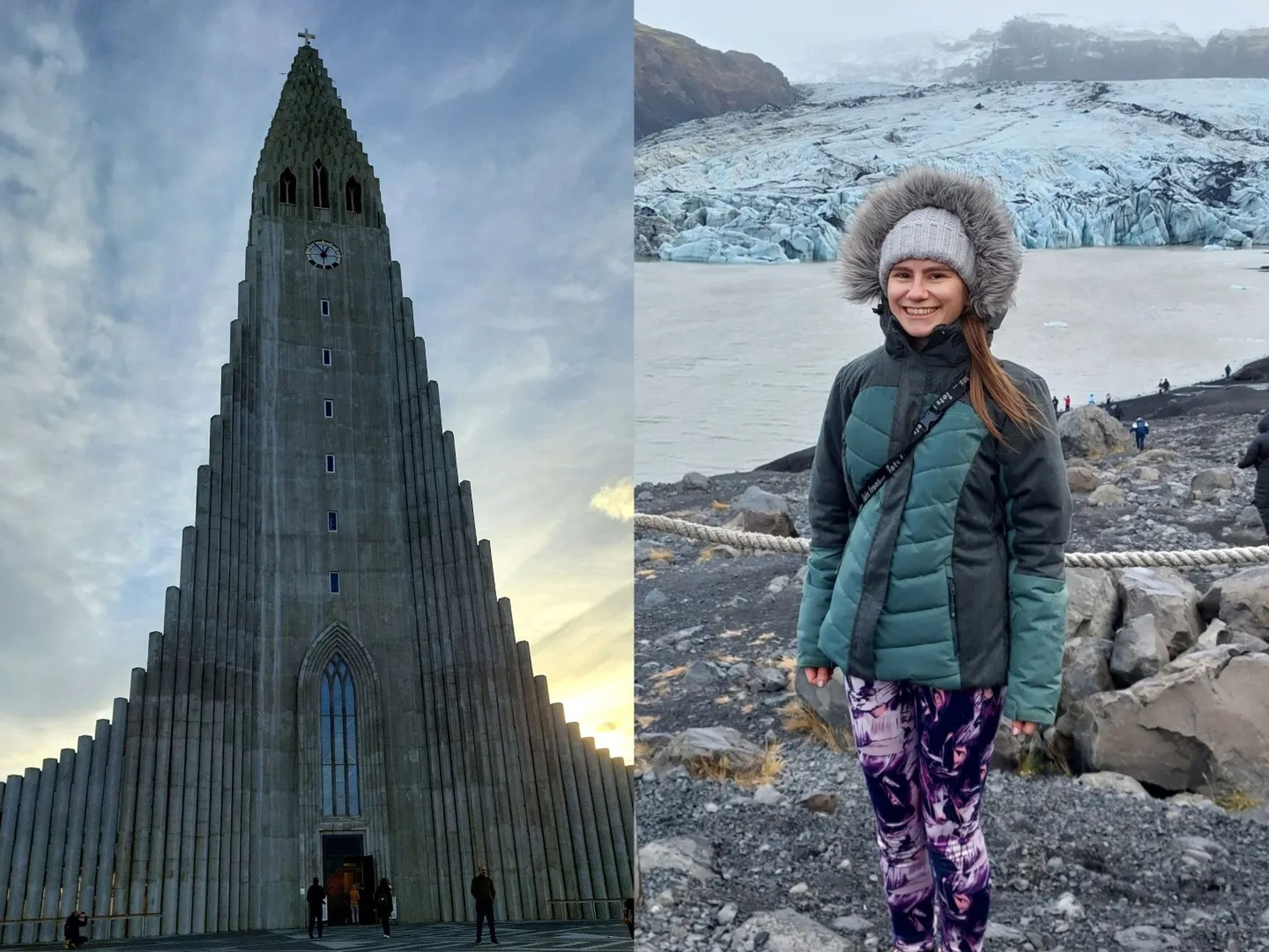 A composite image with a photo of the Hallgrimskirkja in Reykjavik and a photo of reporter Grace Dean in front of a glacier in Iceland