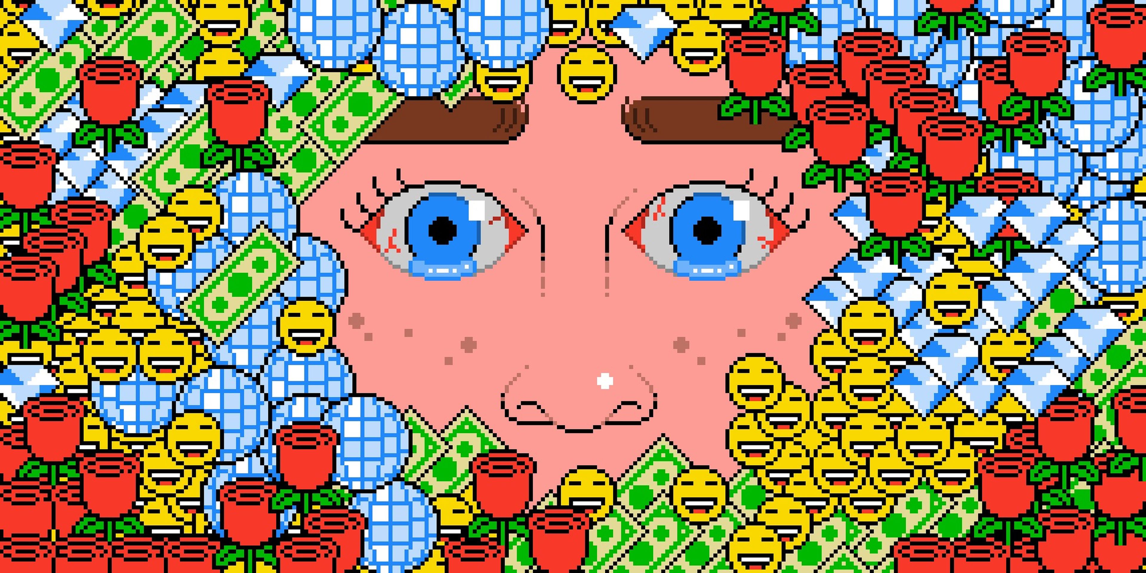 A face with watering, strained eyes is obscured by floating emojis of happy faces, dollar bills, disco balls, roses, and diamonds.