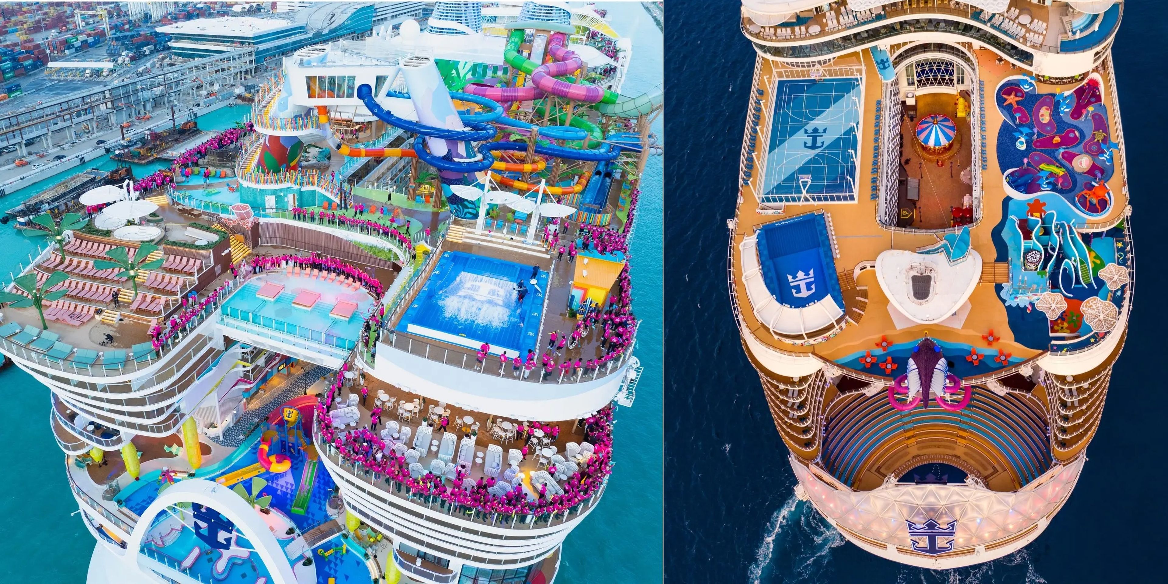 El Icon of the Seas, a la izquierda, y el Wonder of the Seas, a la derecha, son los dos cruceros más grandes del mundo, cada uno con una lista de coloridas instalaciones para toda la familia. 