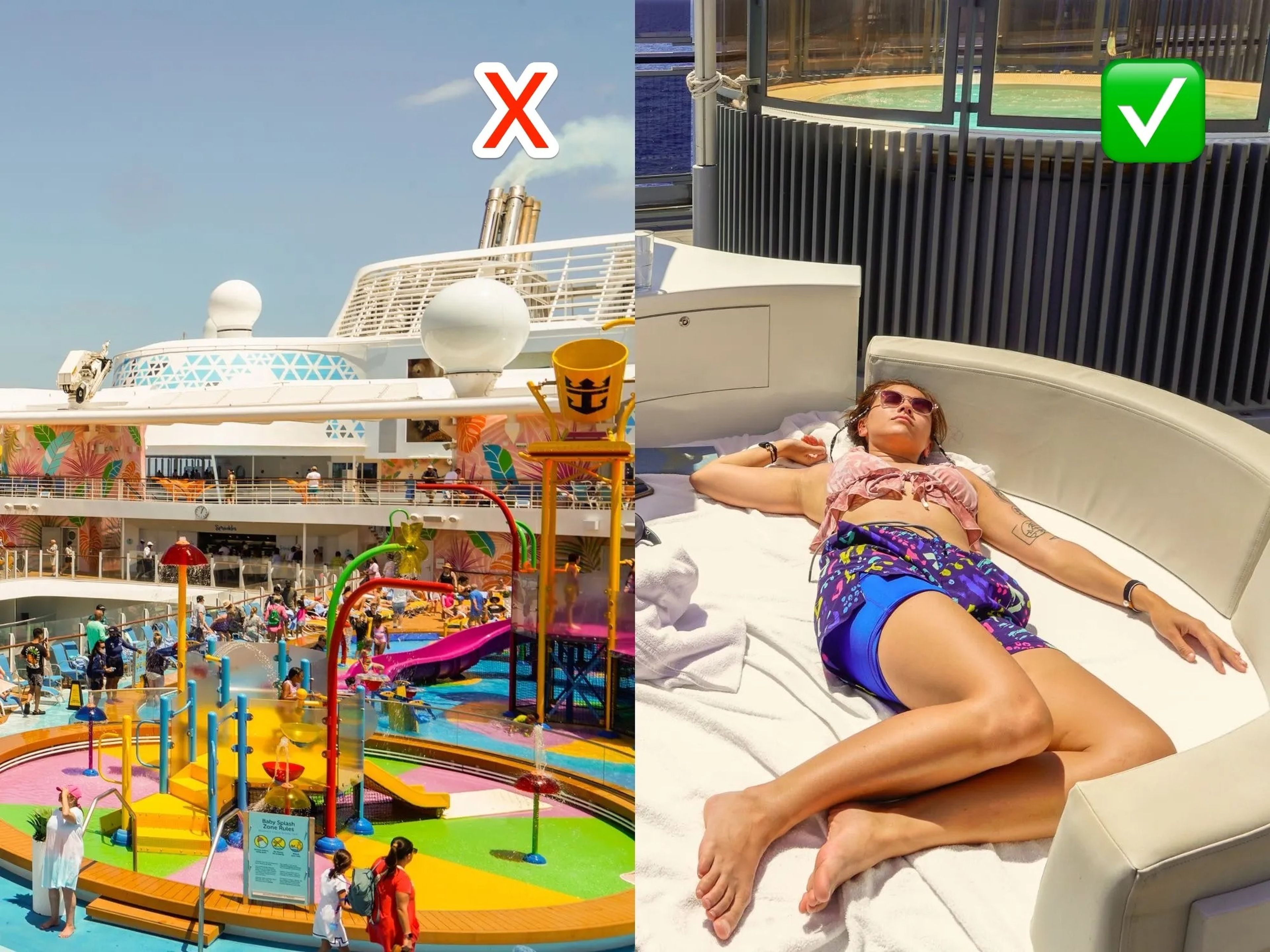 Left: A colorful waterpark on a cruise ship Right: The author lays on a white sunbed on a cruise ship with a circular hot tub behind her.