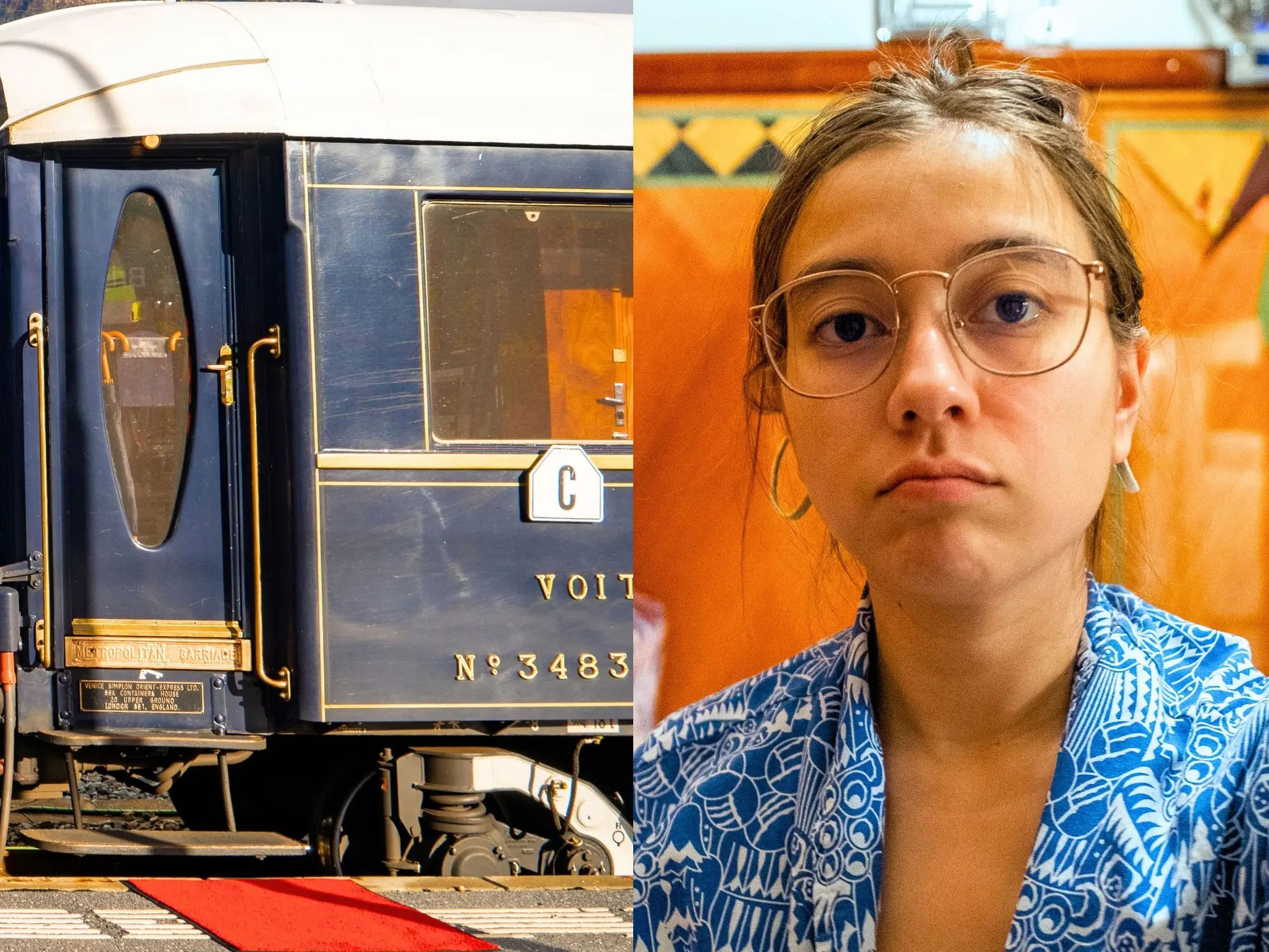 Left: A navy blue train with a red carpet in front of the door. Right: A close-up of the author in a train cabin with a blue robe on