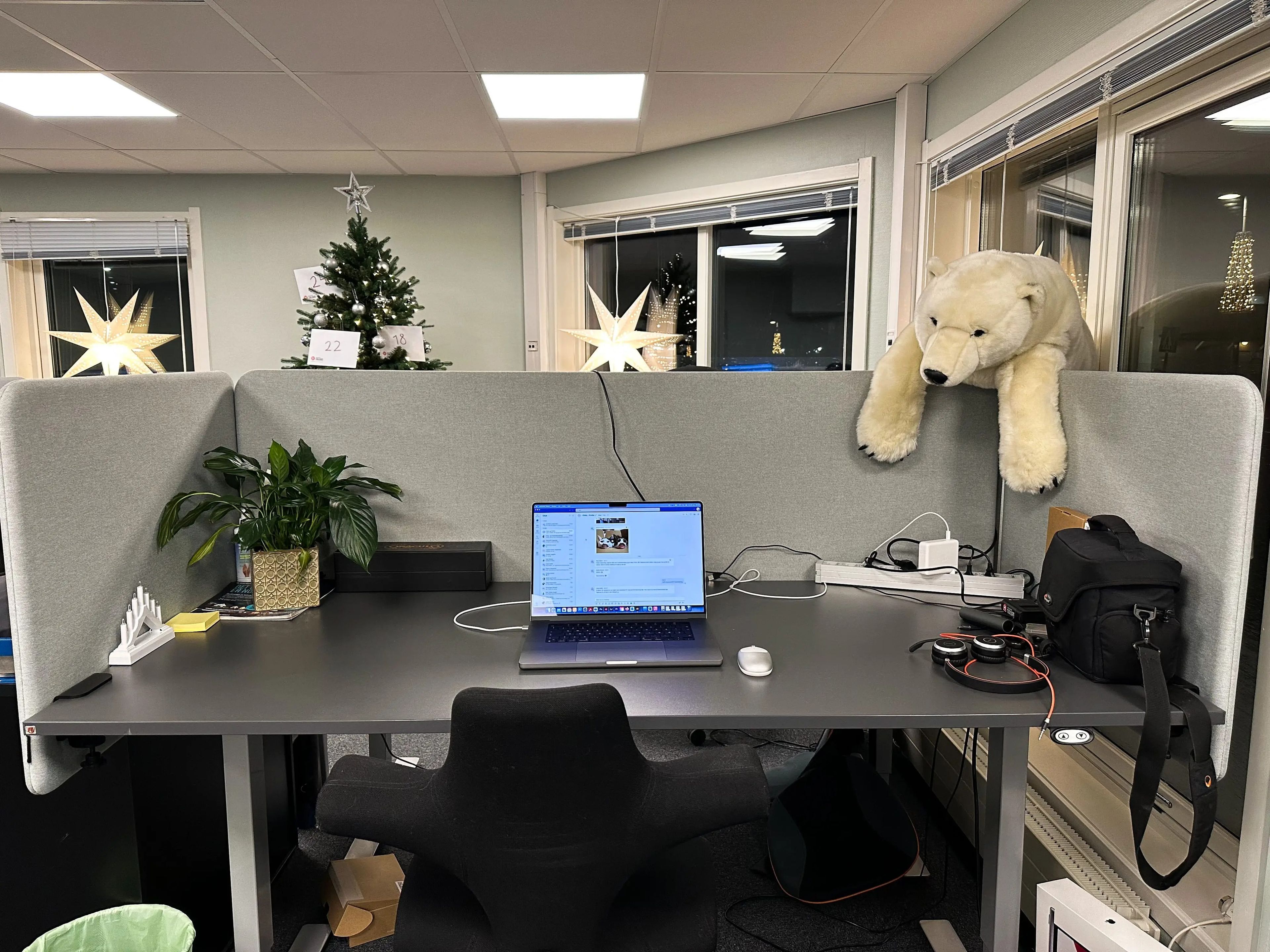 An office space with a laptop and stuffed animal polar bear