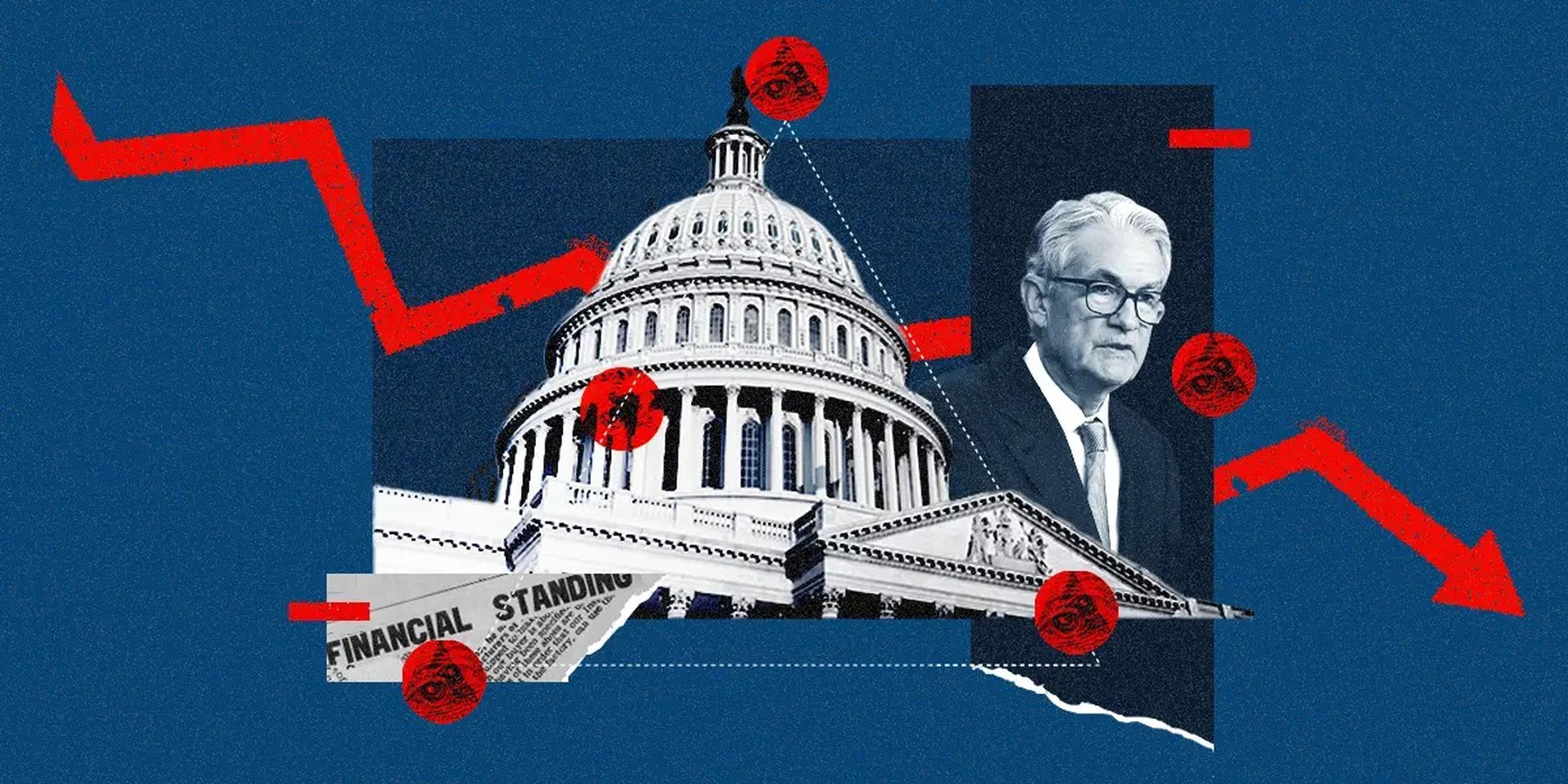 Photo collage featuring Federal Reserve Board Chairman Jerome Powell, the Capitol building, red dots with the Eye of Providence Double Exposure, and a downward-trending line