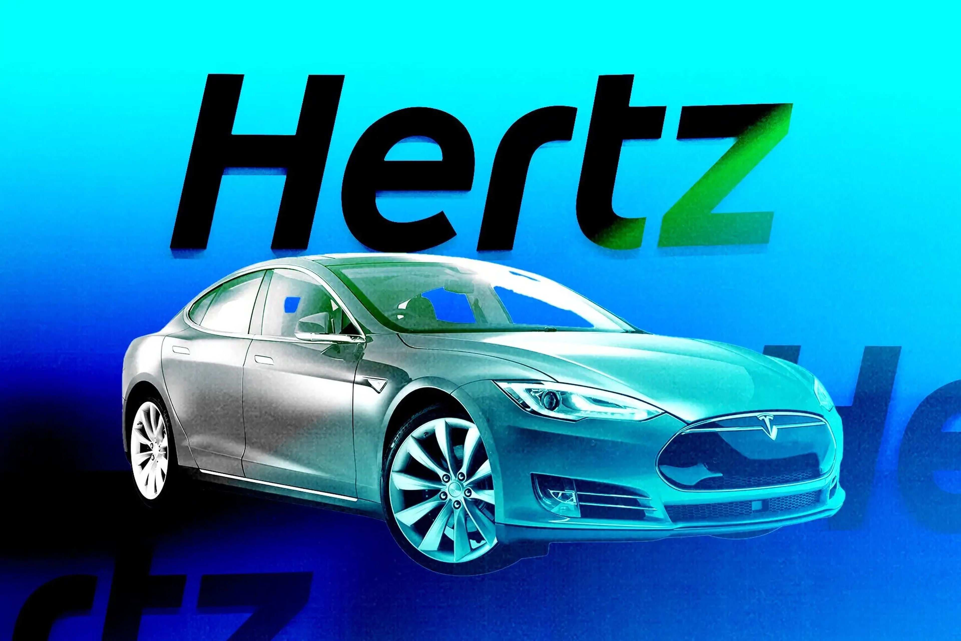 Ilustración fotográfica del logotipo de Hertz y un vehículo Tesla.