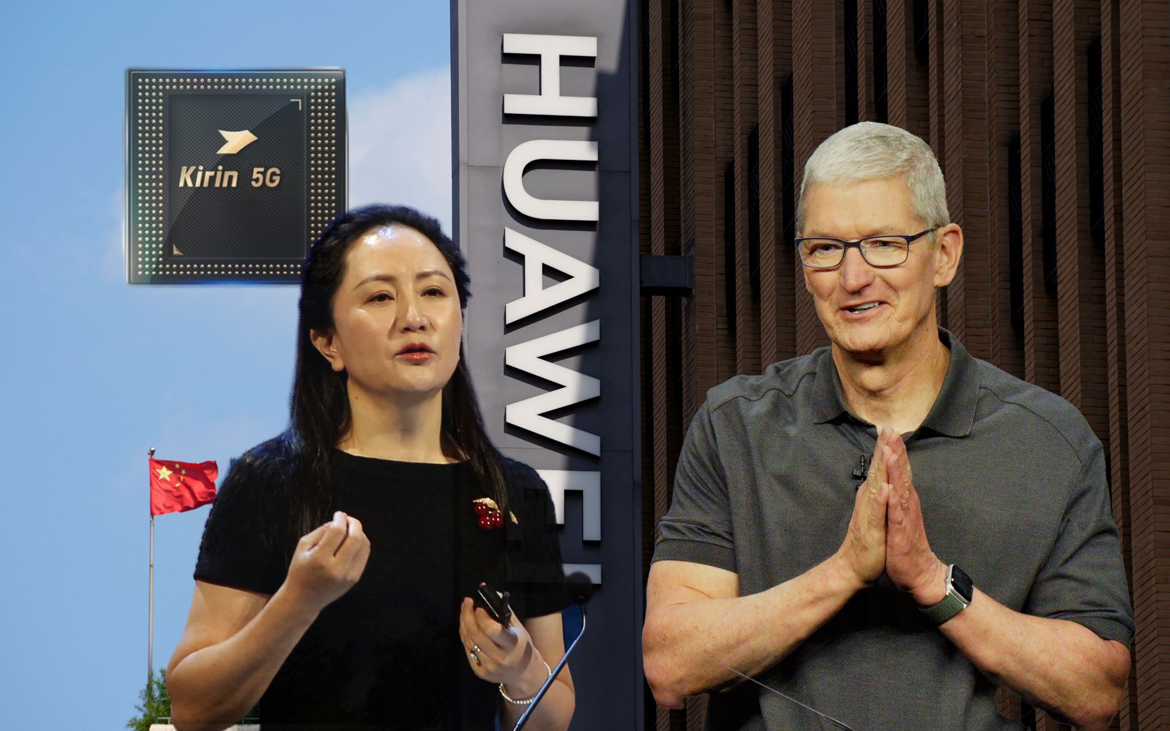 Sabrina Meng, presidenta rotatoria de Huawei (izquierda) y Tim Cook, CEO de Apple (derecha).