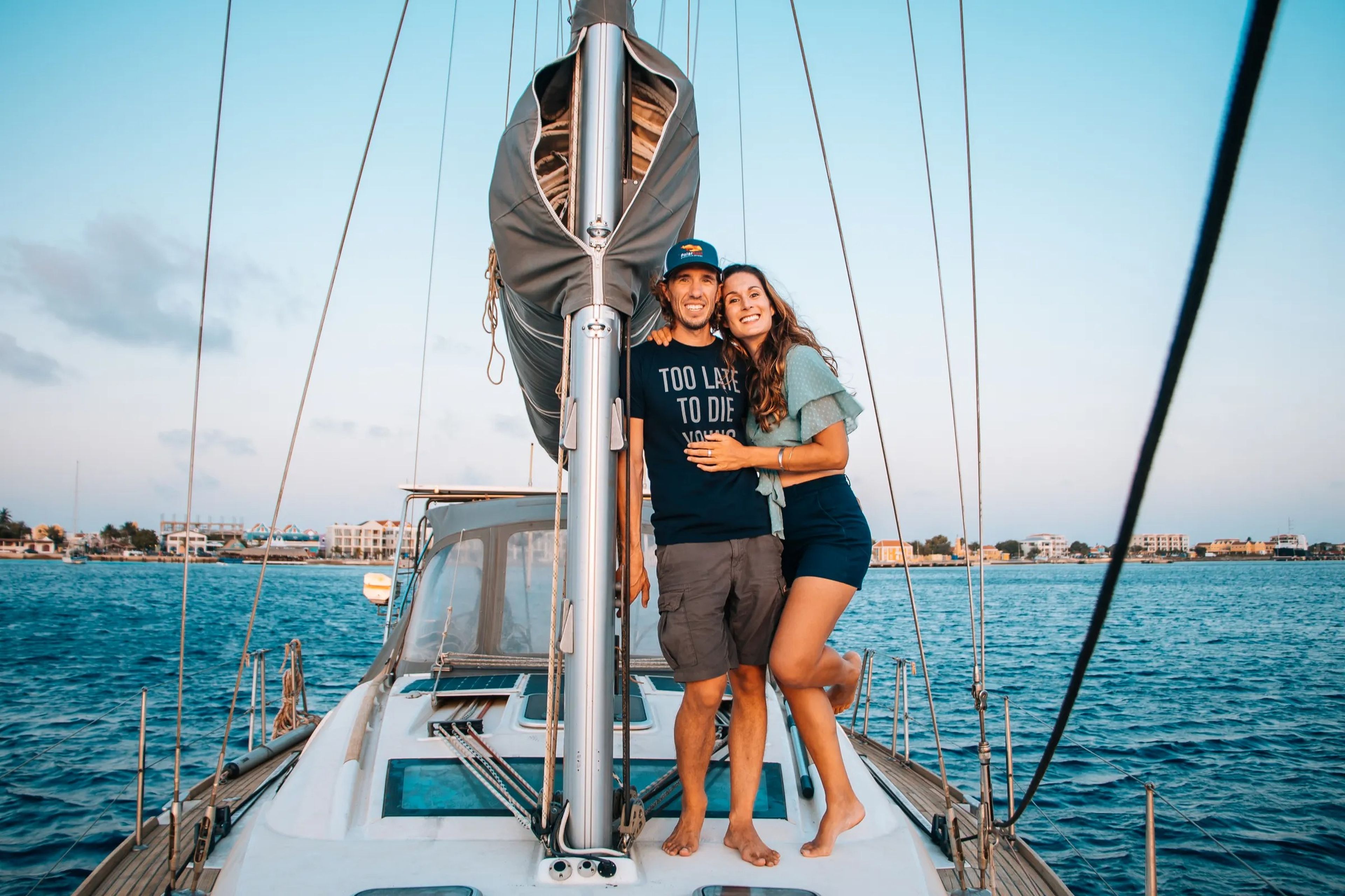 Sophie Darsy and Ryan Ellison aboard their sailboat.