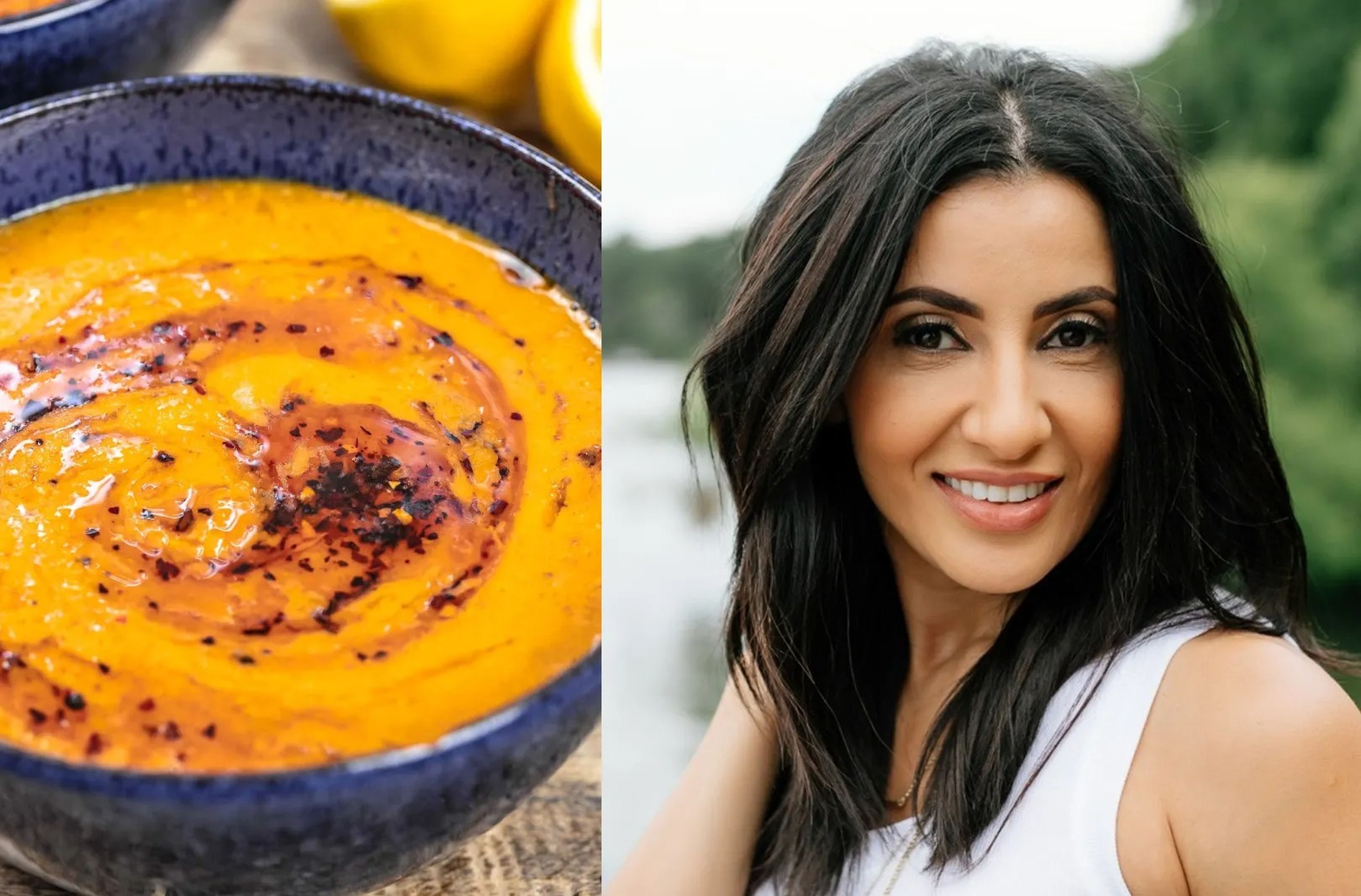 A split image showing a bowl of lentil soup and a portrait of author Suzy Karadsheh