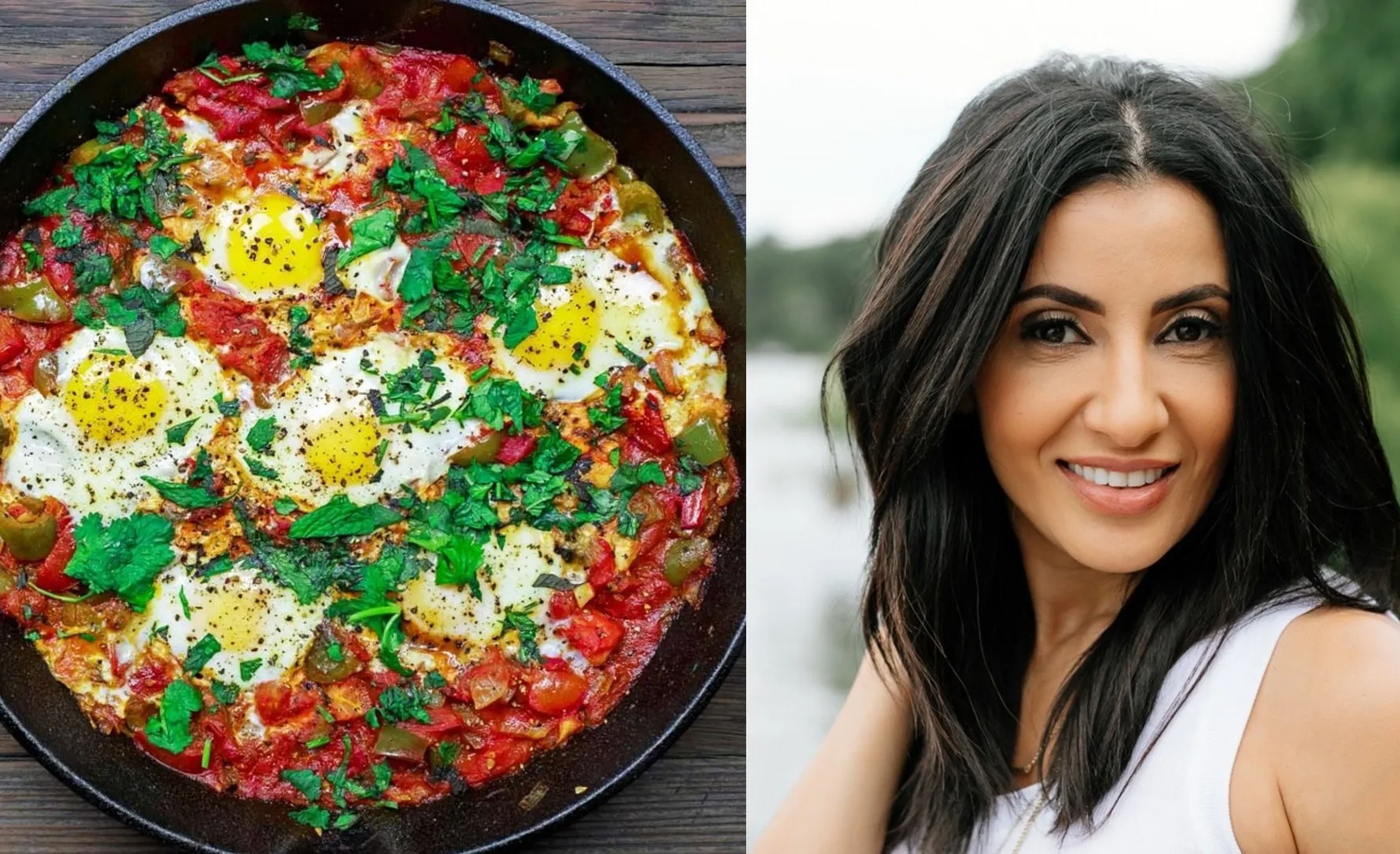 A split image showing a picture of a pan of shakshuka (eggs in tomato sauce with spices and fresh herbs) and a portrait photo of cookbook author Suzy Karadsheh