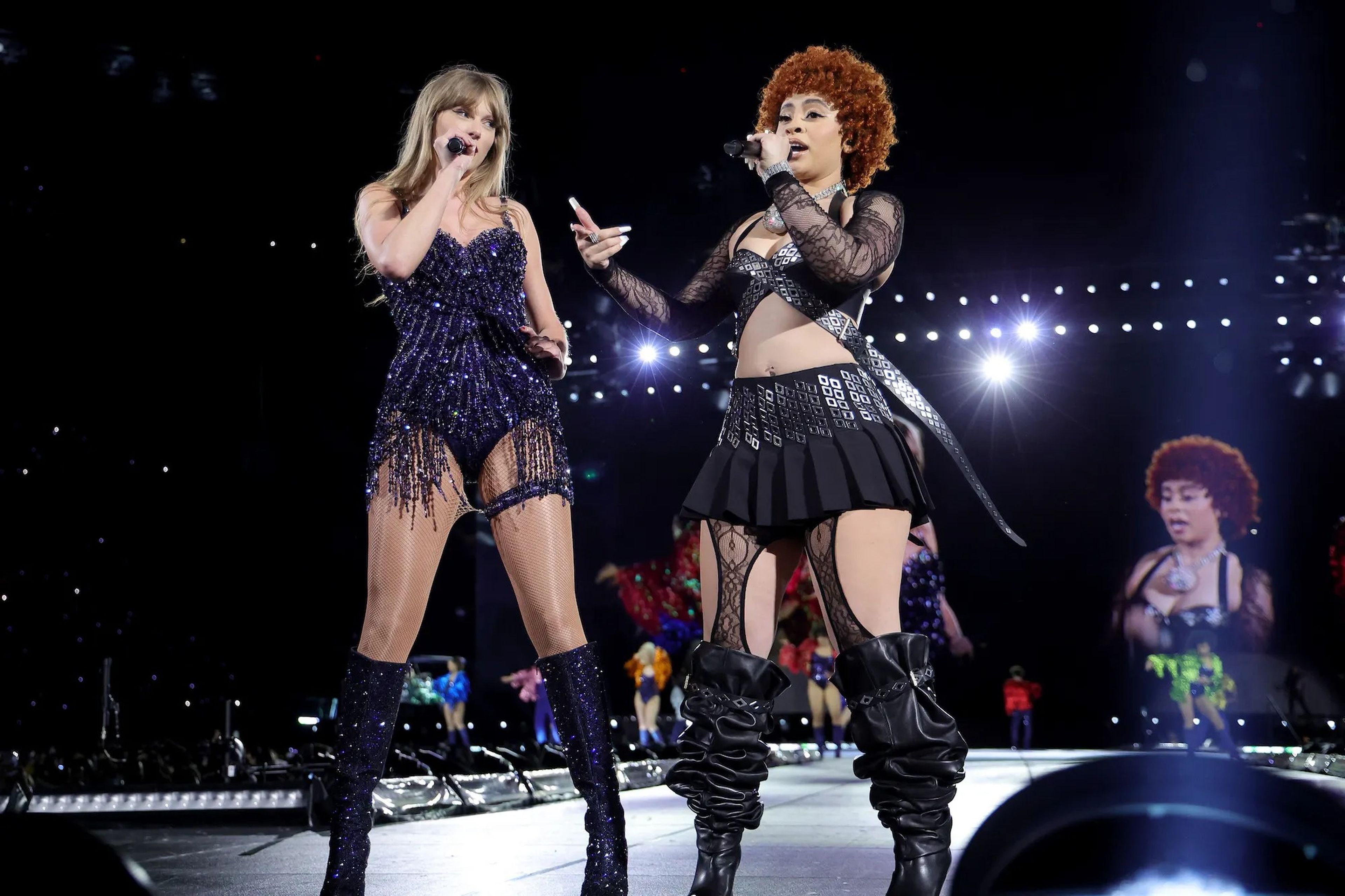 Taylor Swift and Ice Spice perform onstage during "Taylor Swift | The Eras Tour" at MetLife Stadium on May 26, 2023 in East Rutherford, New Jersey.