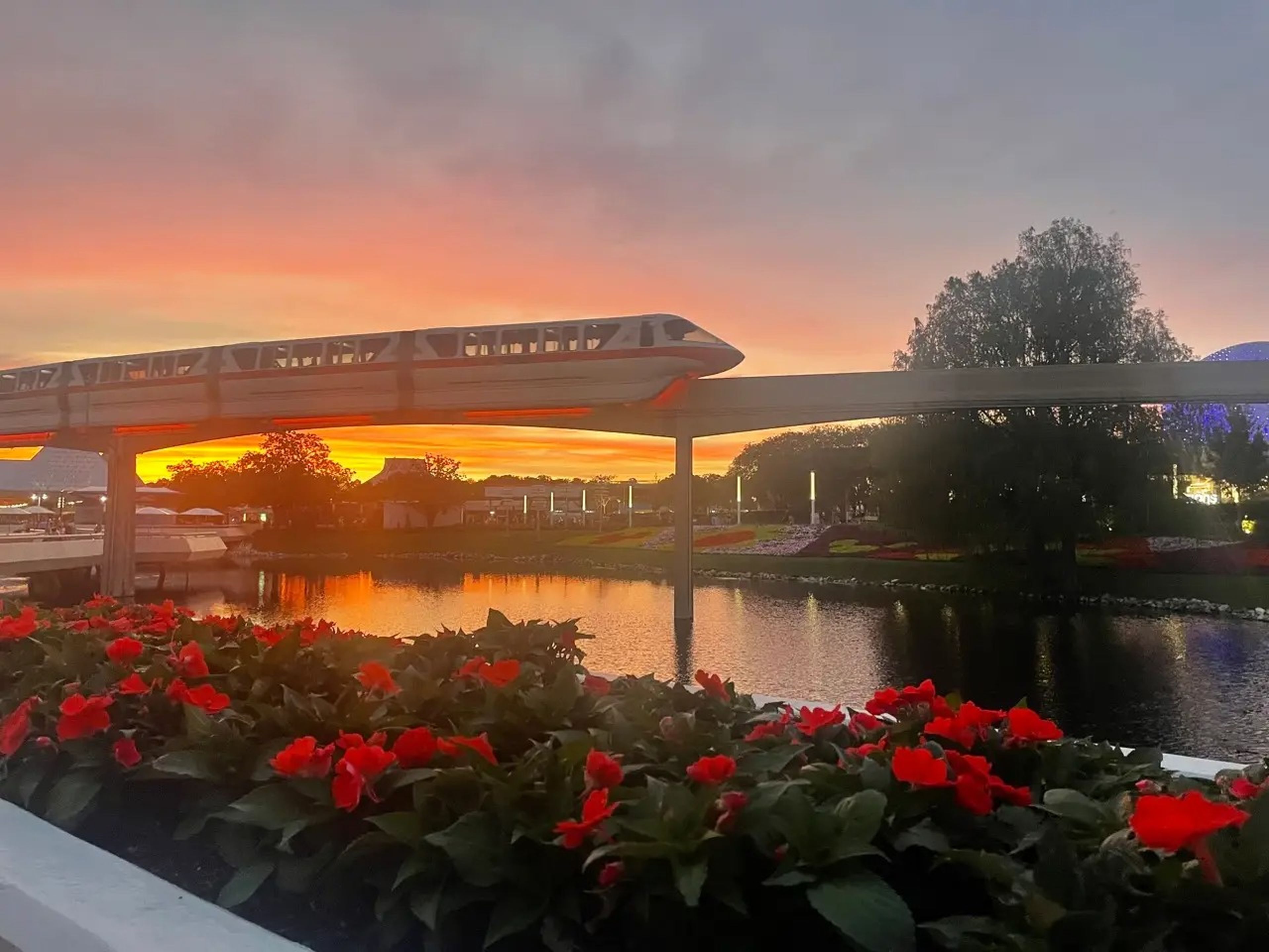 View of Monorail at Disney at Epcot during sunset 