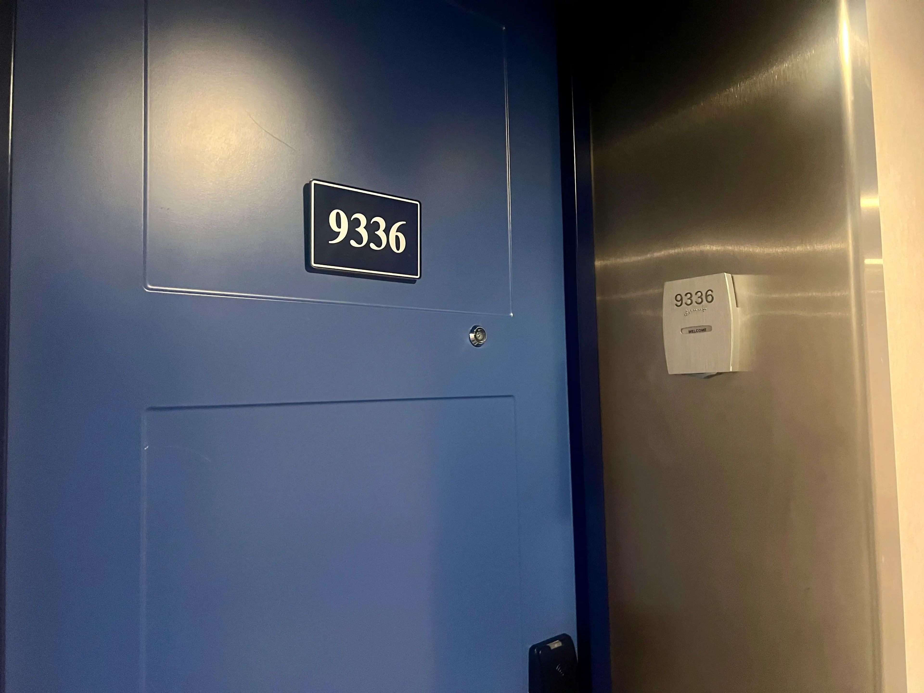 The author's stateroom door, which is blue.