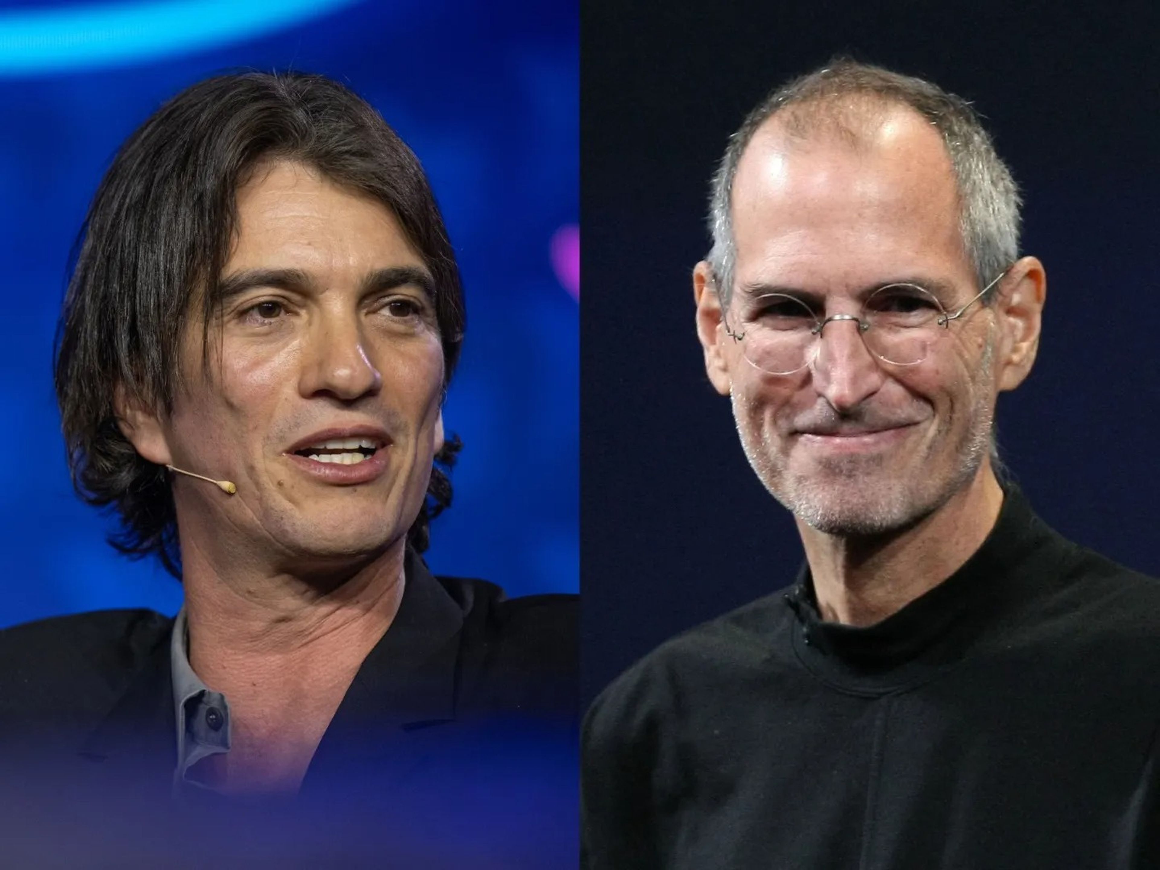A collage of Adam Neumann and Steve Jobs