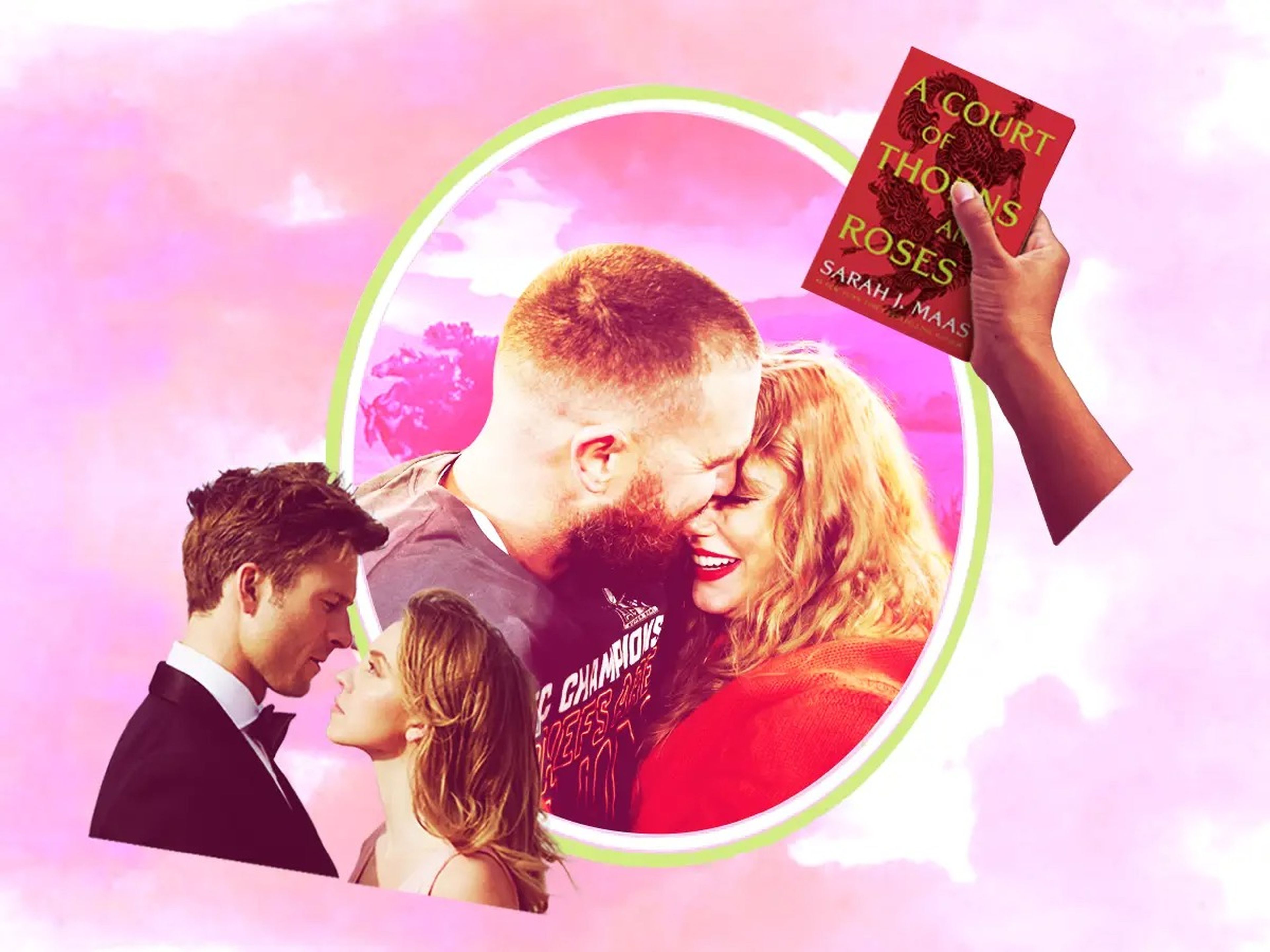 Collage on a pink watercolor background featuring images of Taylor Swift and Travis Kelce, actors from the rom-com movie "Anyone But You," and a hand holding the book "A Court of Thorns and Roses."