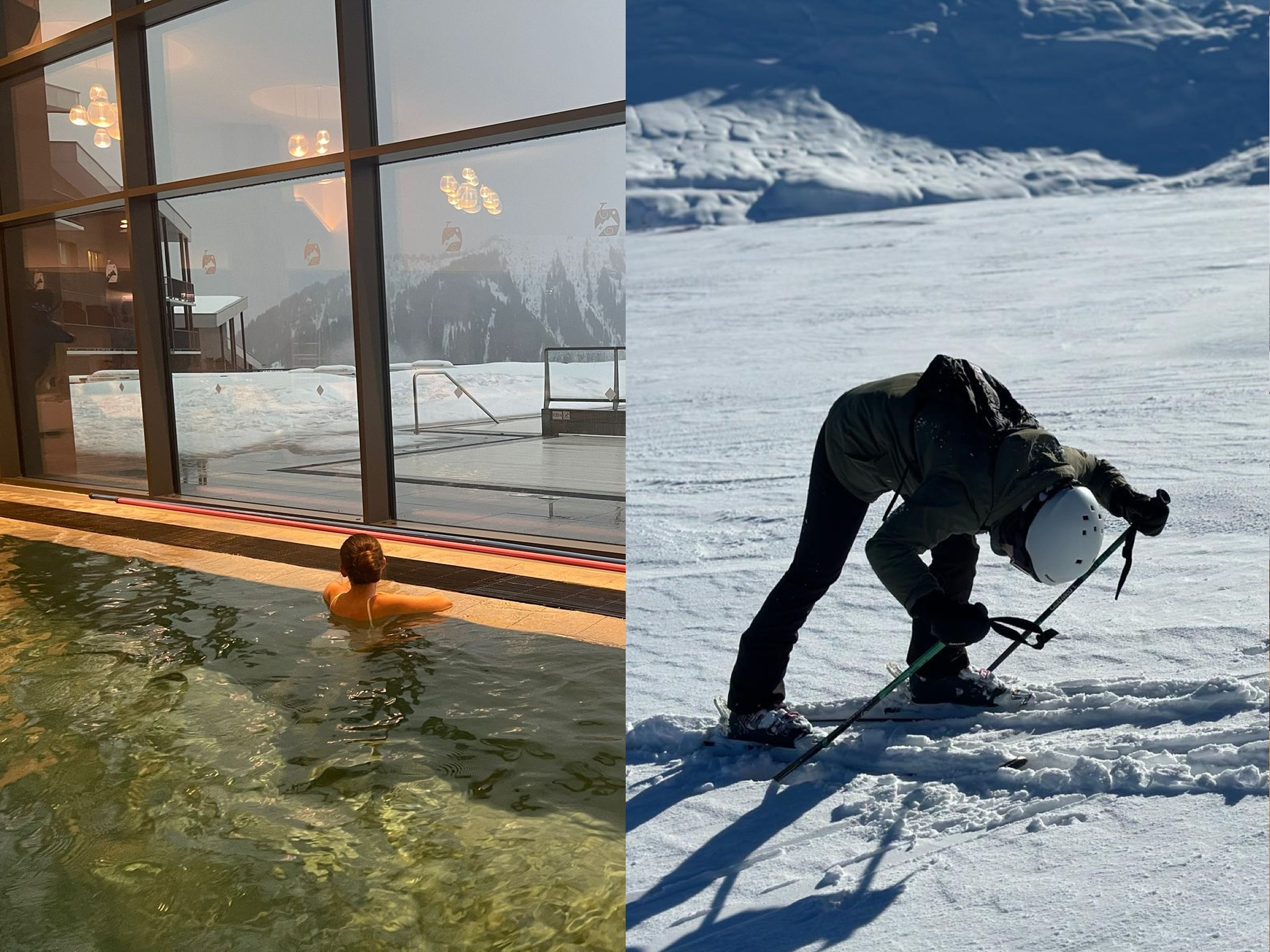 La autora en la piscina climatizada del resort Club Med Grand Massif Samoëns Morillon (izda) y en la estación de esquí donde se encuentra dicho hotel (dcha).
