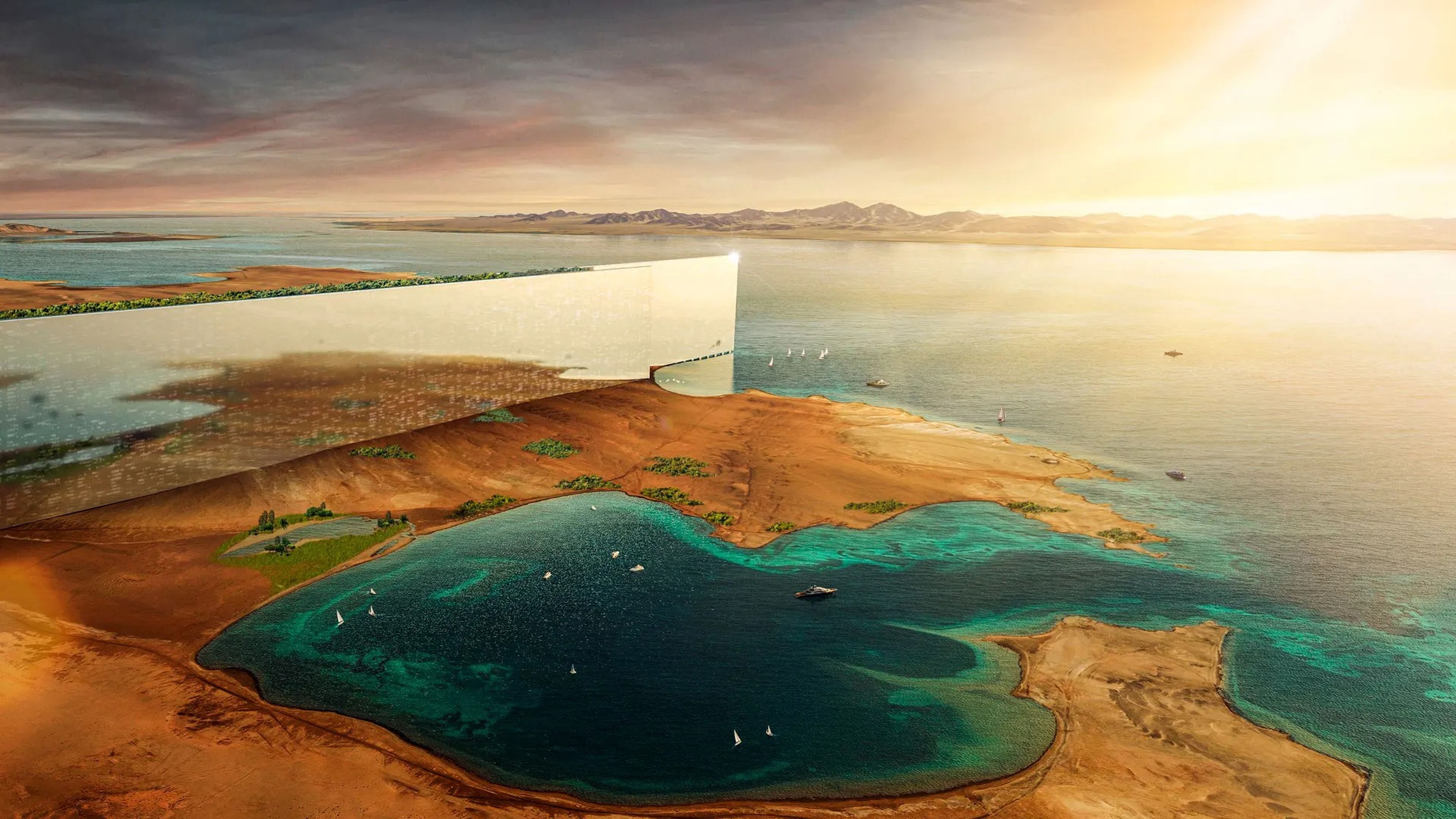 A conceptual image of the planned design for The Line in Saudi Arabia's Neom, shows a large mirrored facade extending out into the water from the desert.
