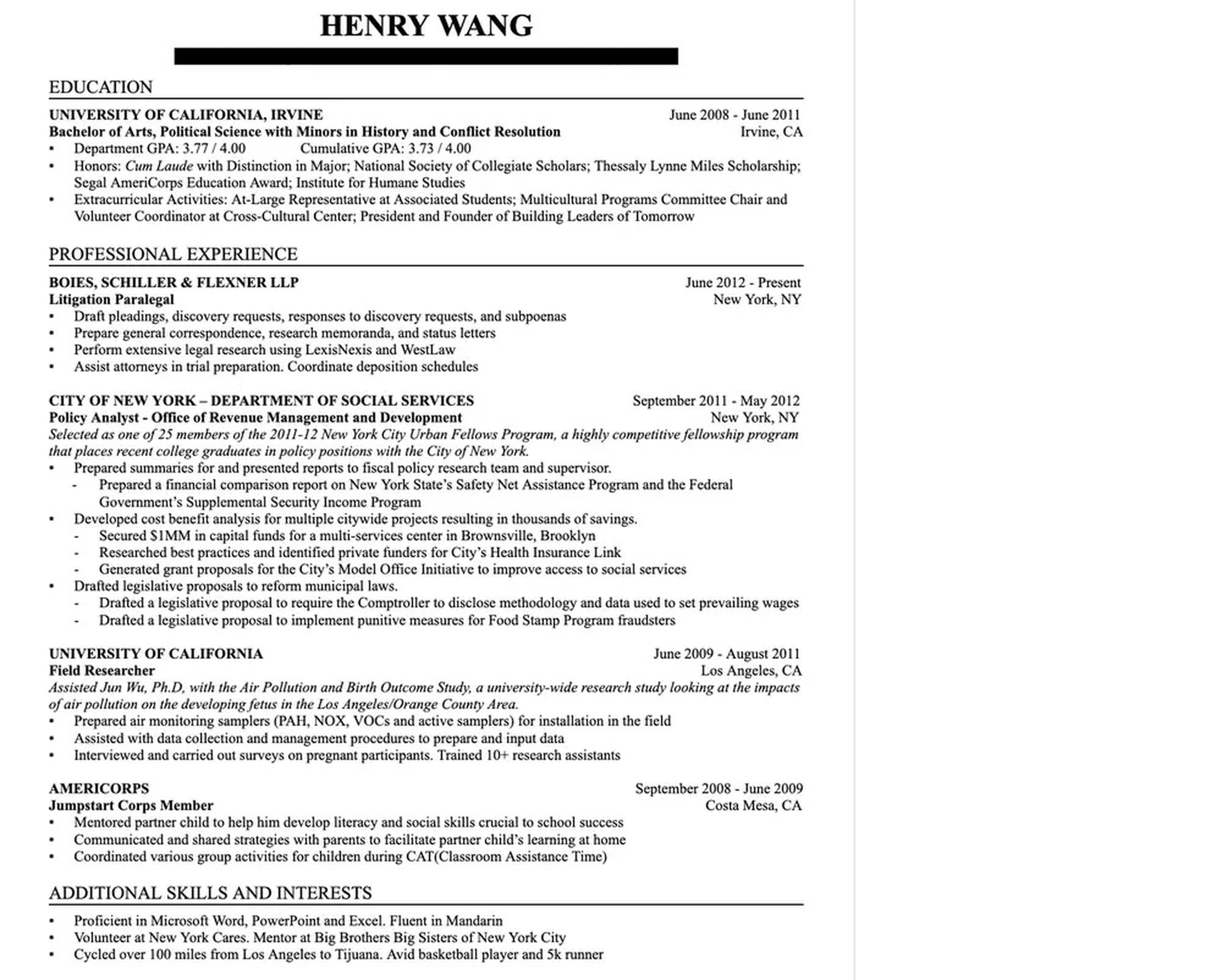 Wang utilizó este currículum para solicitar y conseguir un empleo en Google en 2013.