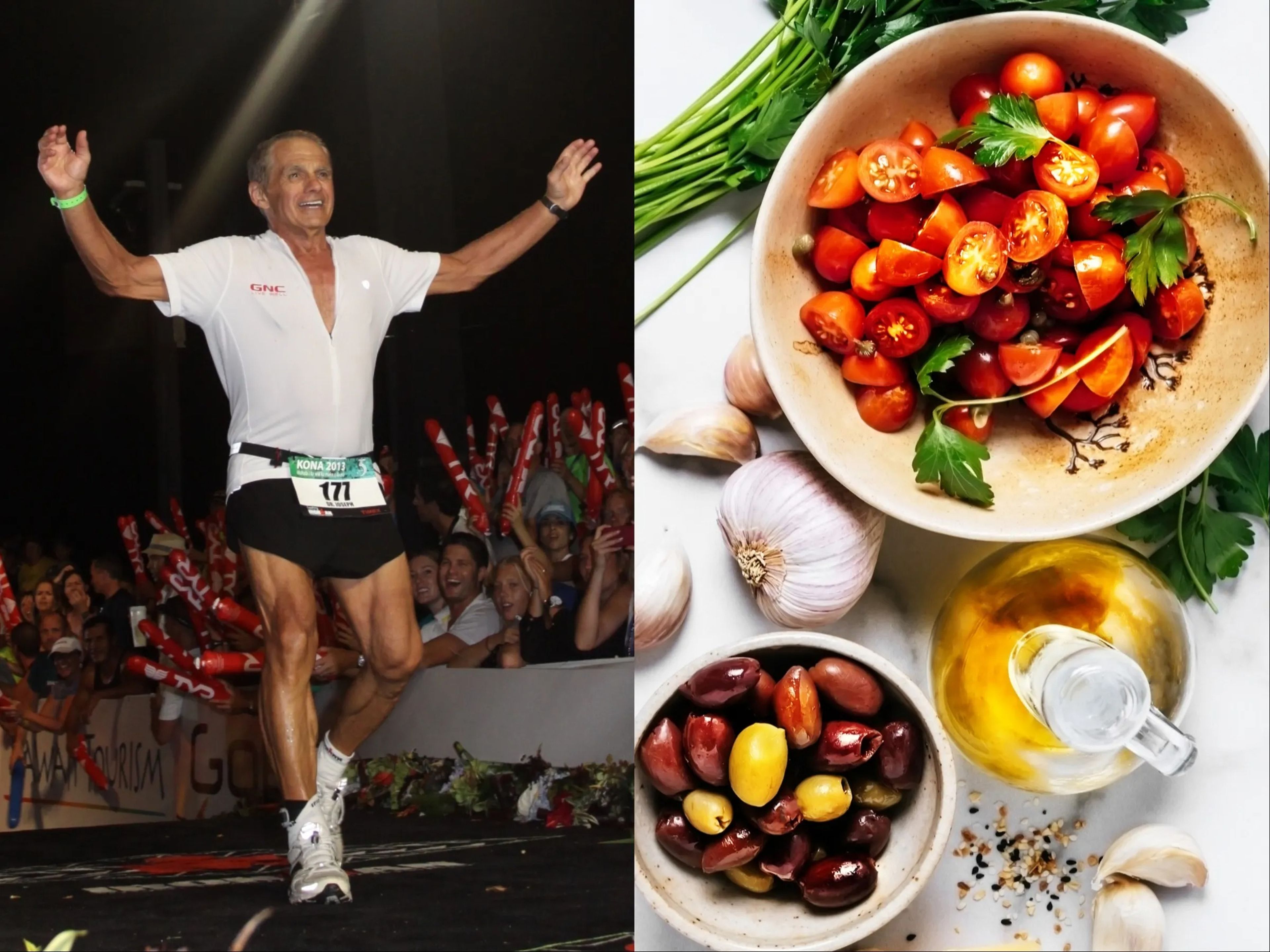 Dr. Joseph Maroon crosses the finish line at a triathlon next to a picture of healthy Mediterranean food.