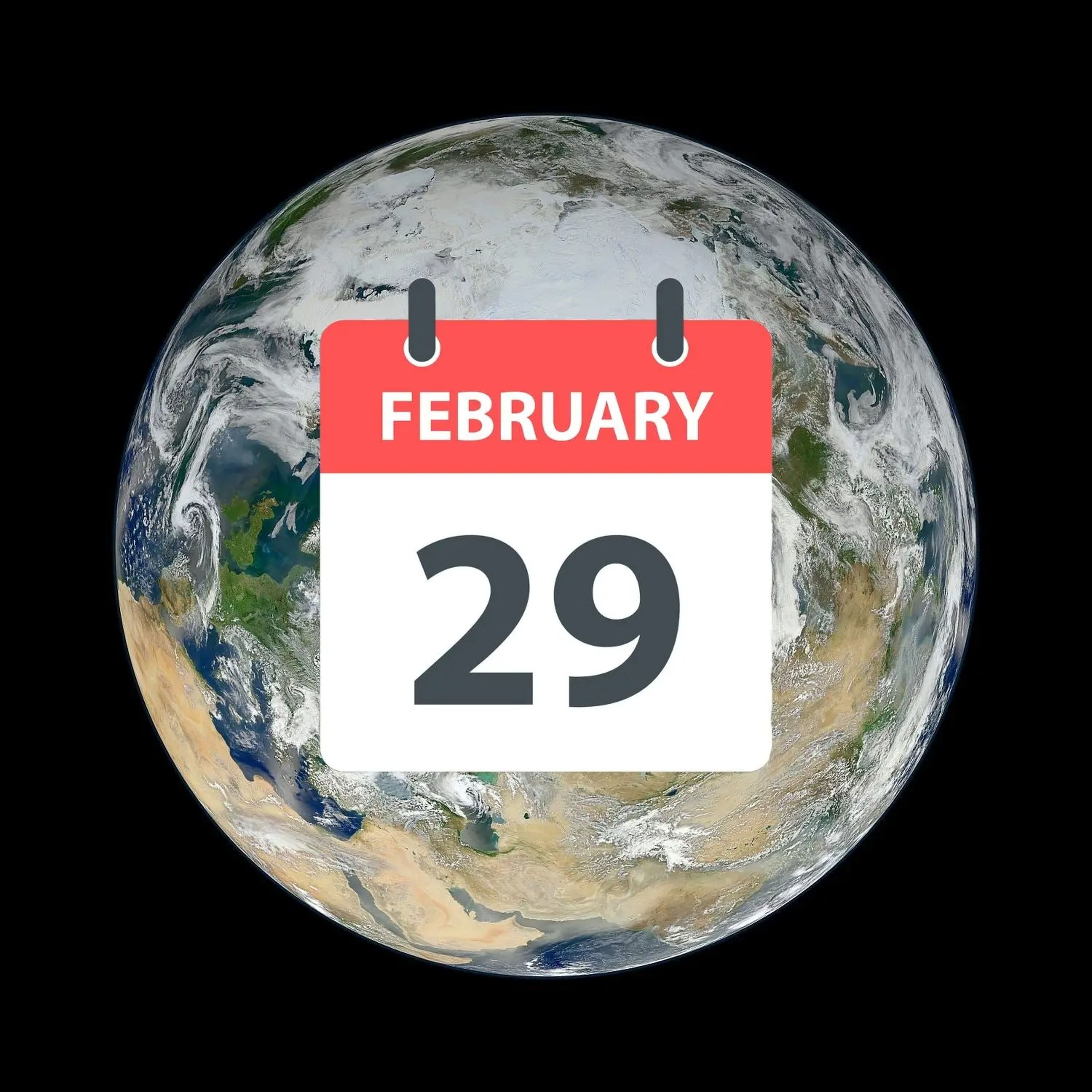 earth in space with swirling clouds green and brown continents overlaid with giant calendar illustration showing February 29